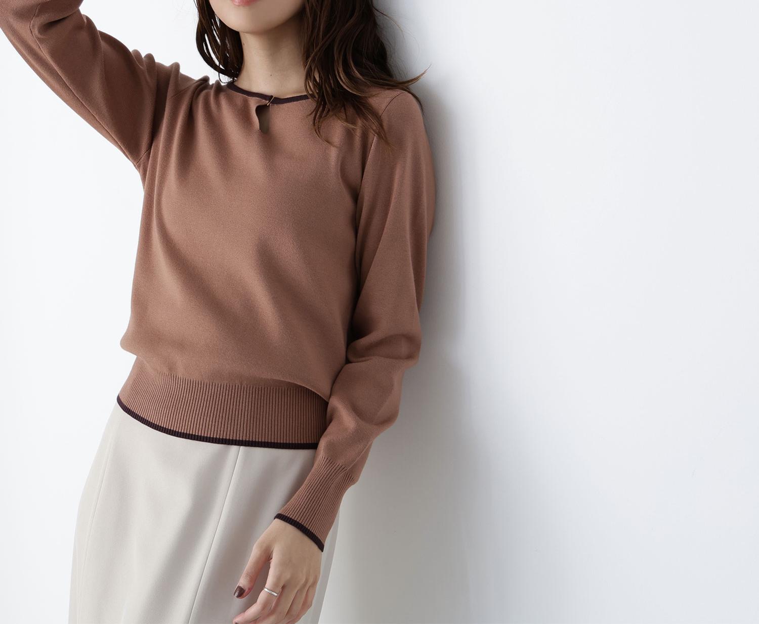 メタルポイントバイカラーニット ベージュ×ブラウン2