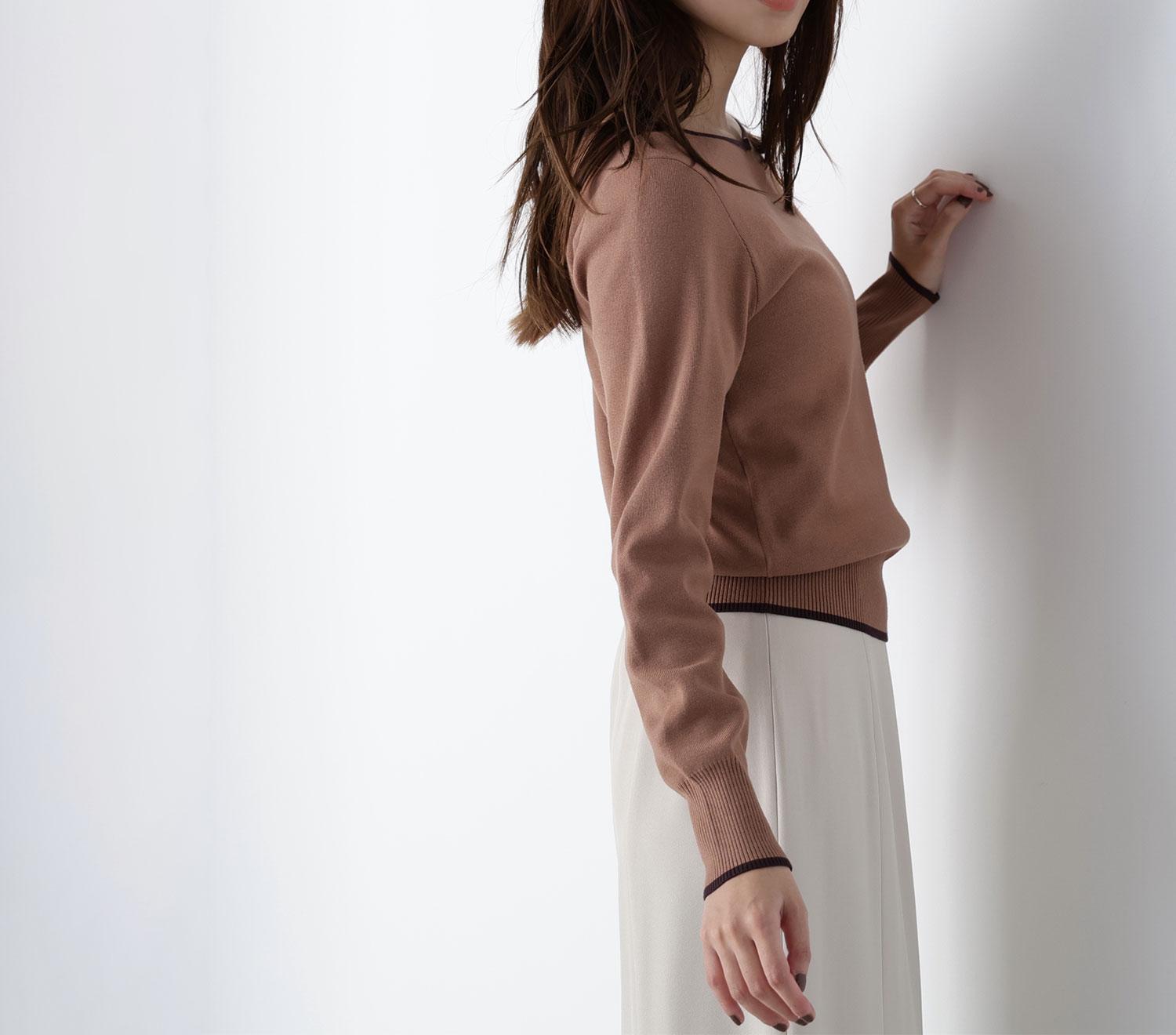 メタルポイントバイカラーニット ベージュ×ブラウン2