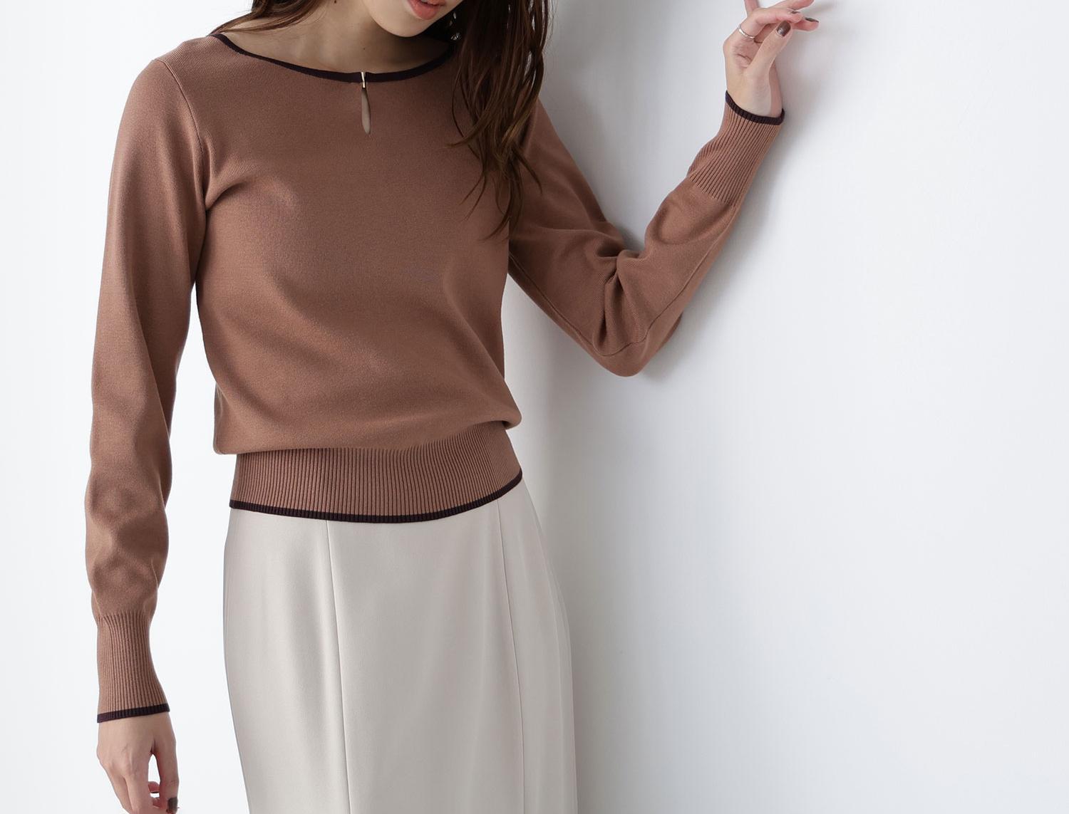 メタルポイントバイカラーニット ベージュ×ブラウン2