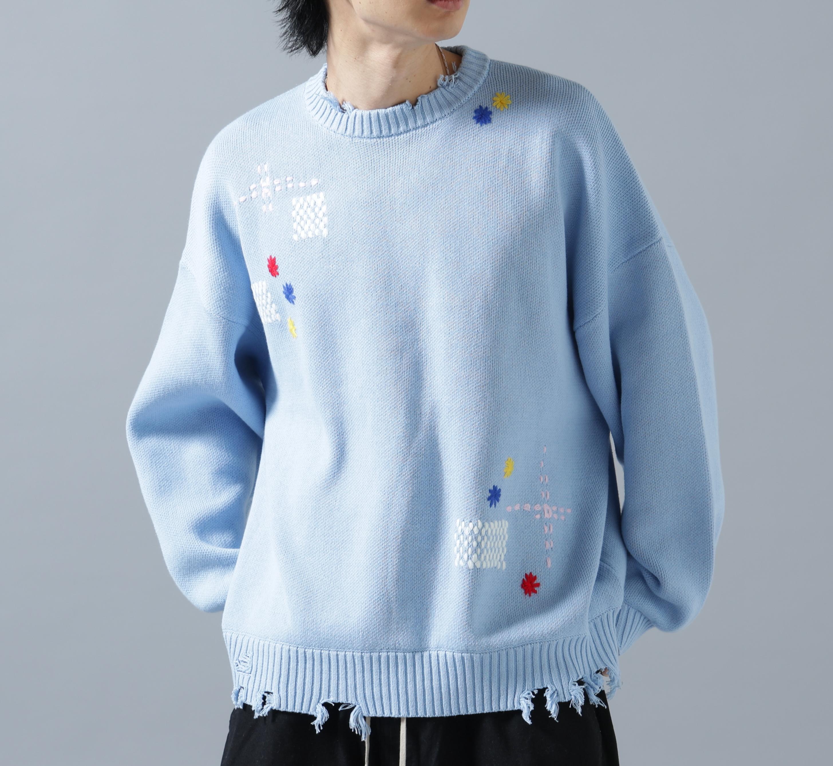 DankeSchon/ダンケシェーン/HAND STITCH KNIT CREWNECK サックス1