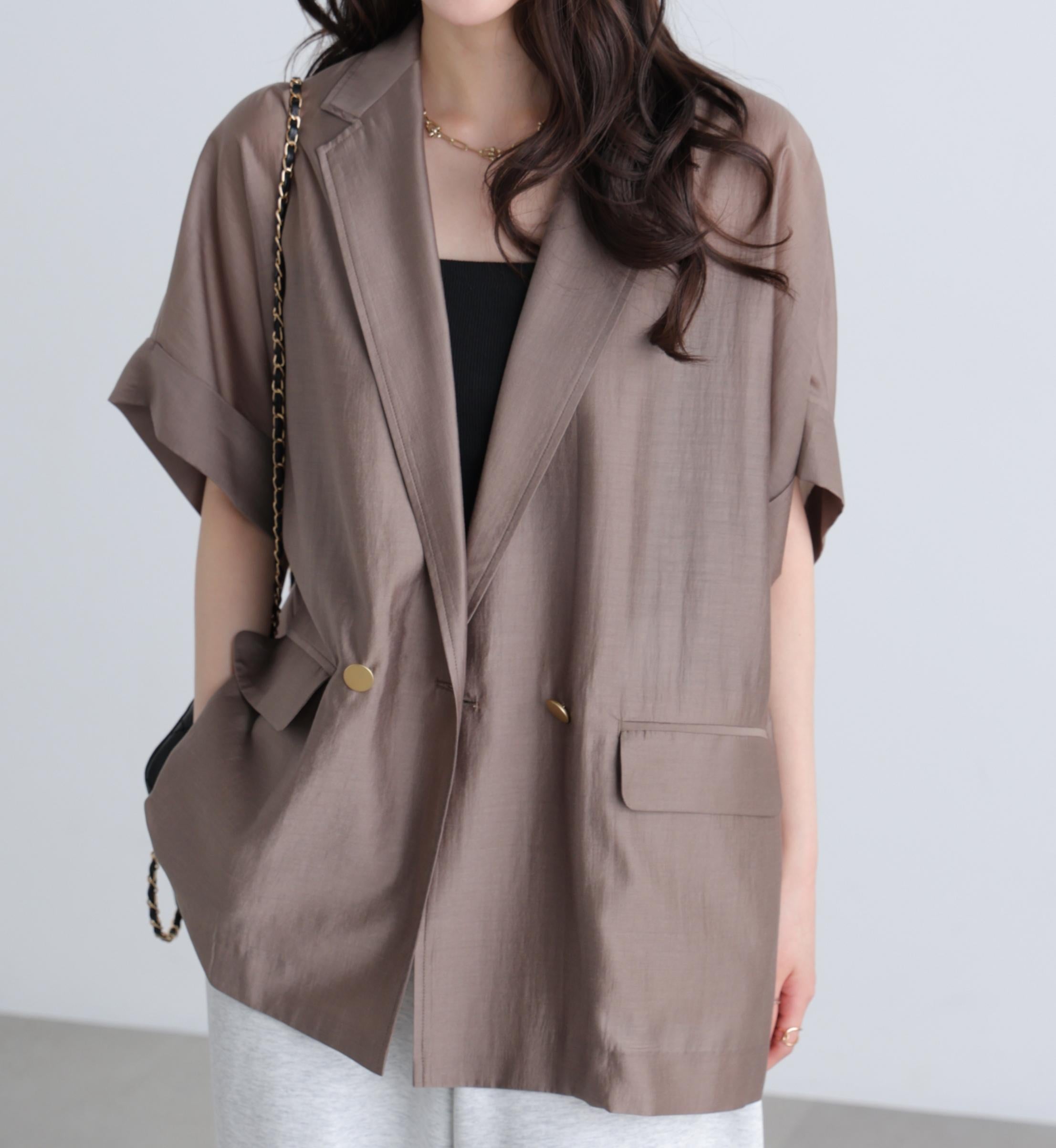 〈MFM〉金ボタンシアー半袖ジャケット ブラウン