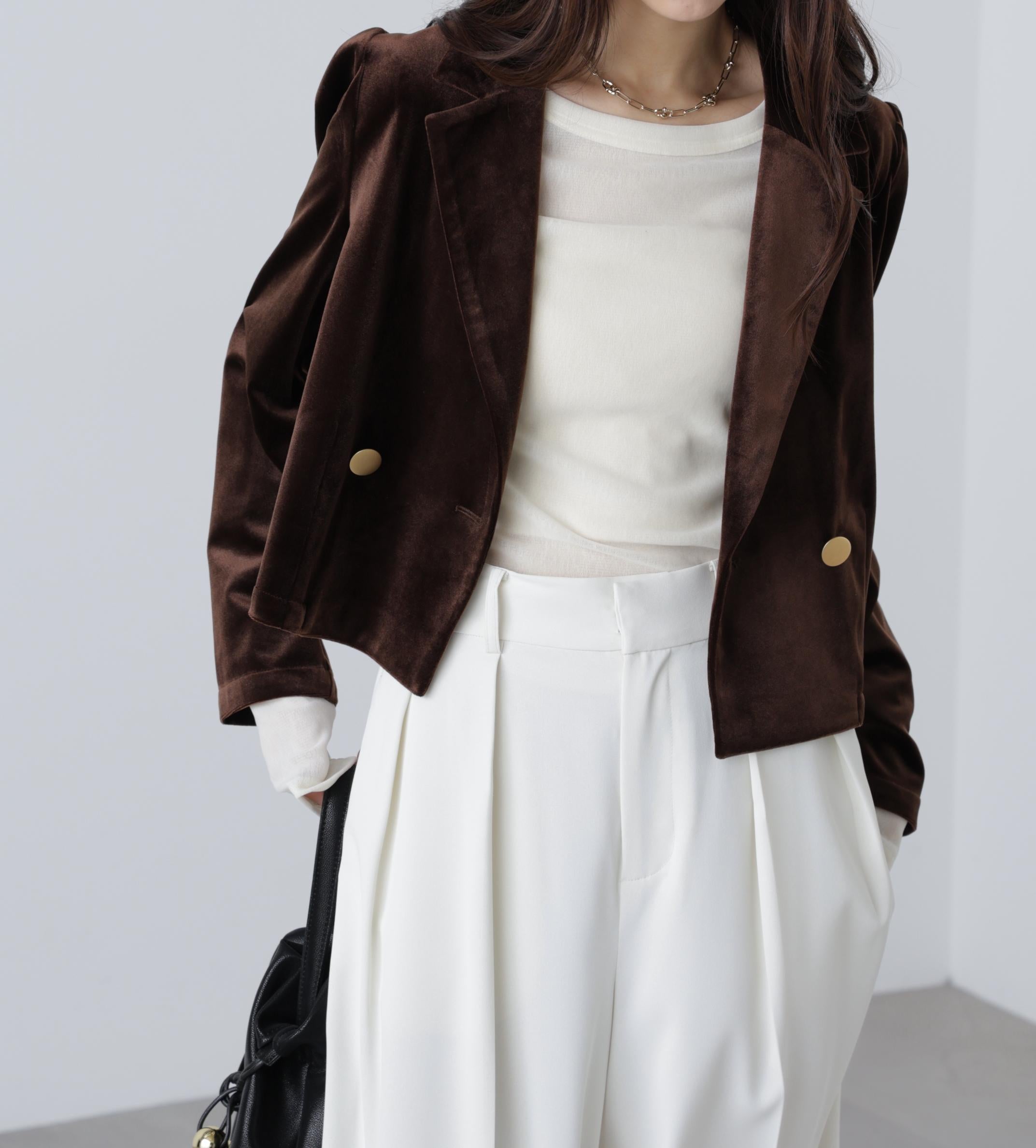 金ボタンベロアクロップドジャケット ブラウン