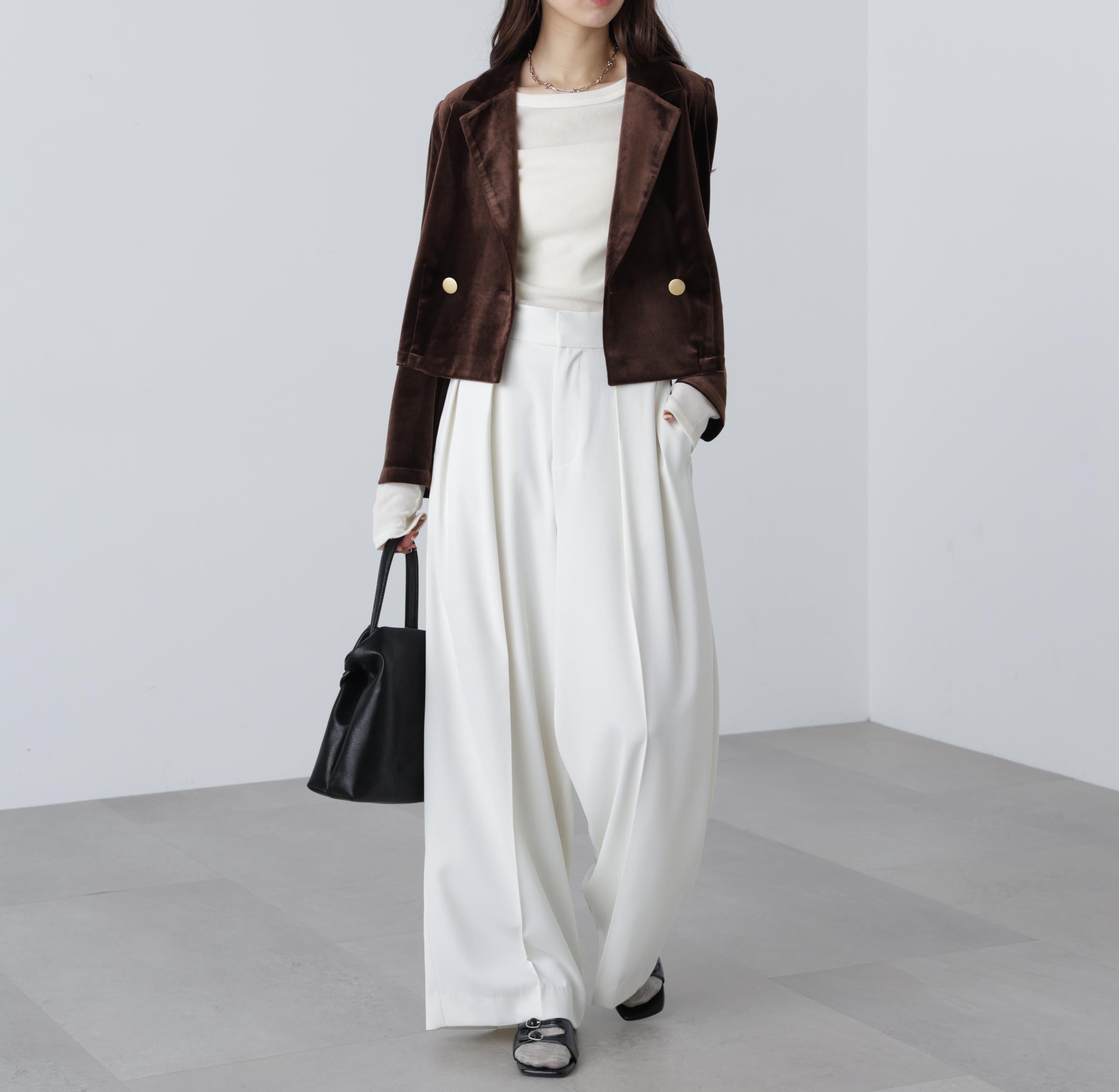 金ボタンベロアクロップドジャケット ブラウン