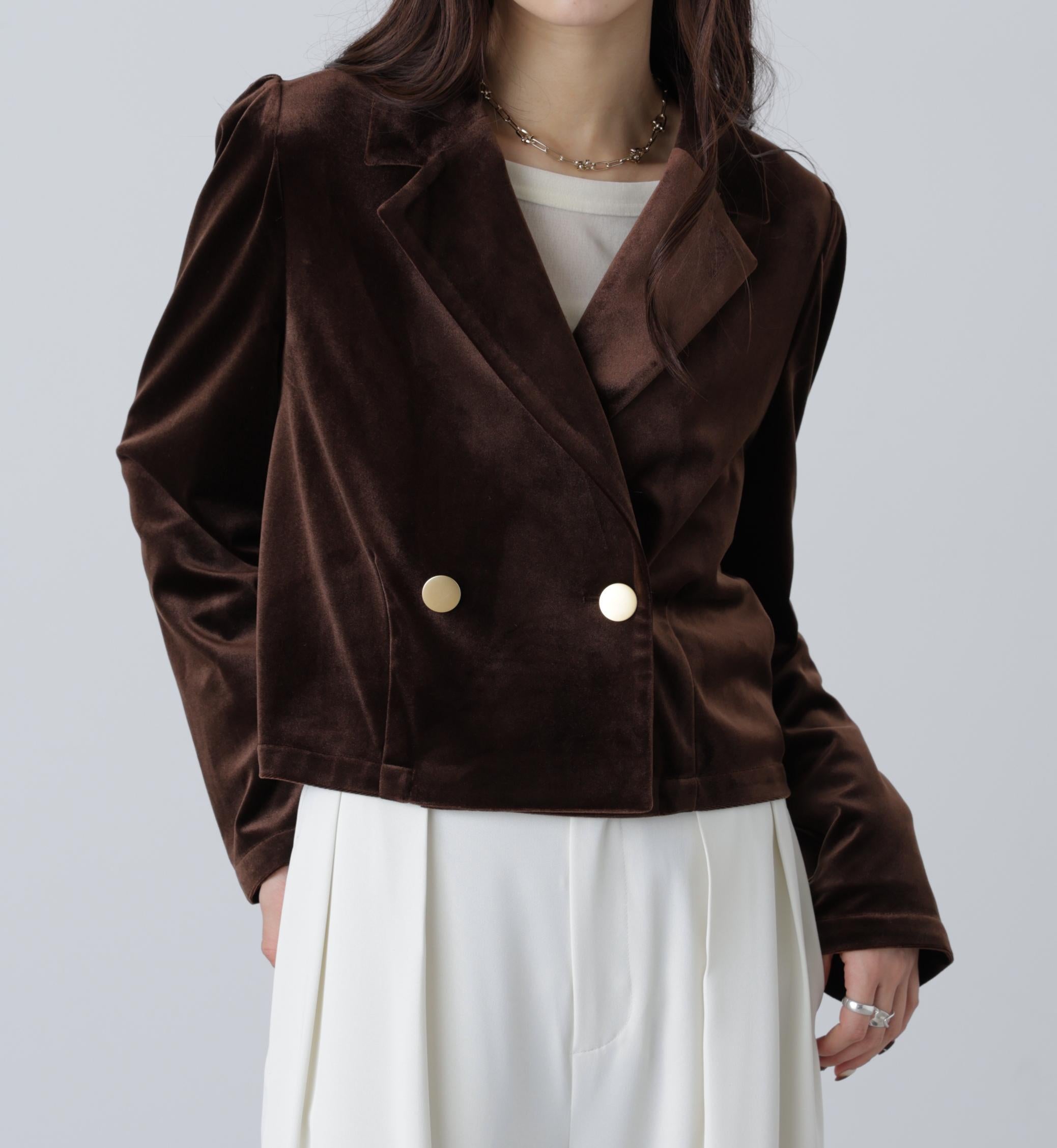 金ボタンベロアクロップドジャケット ブラウン