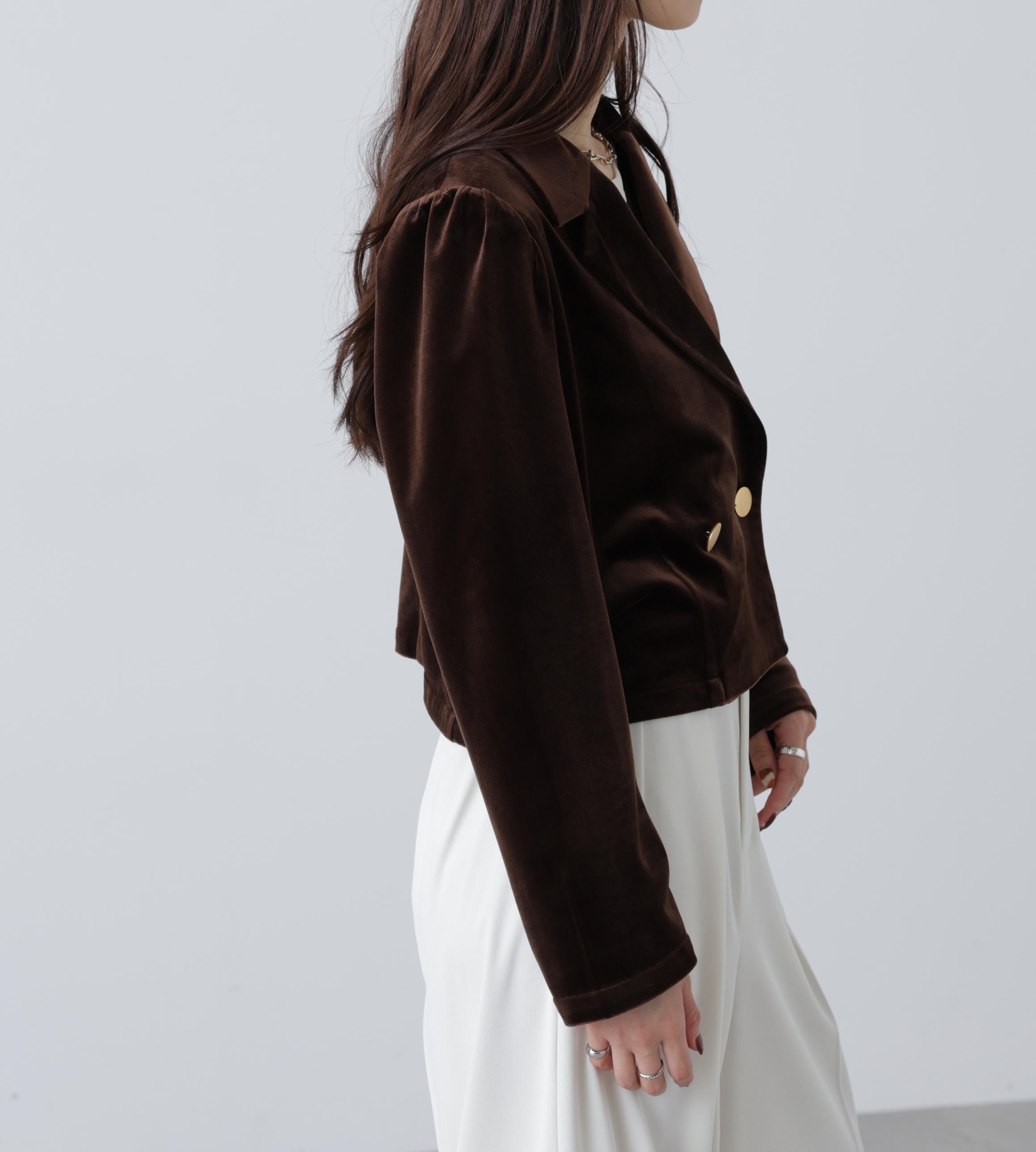 金ボタンベロアクロップドジャケット ブラウン