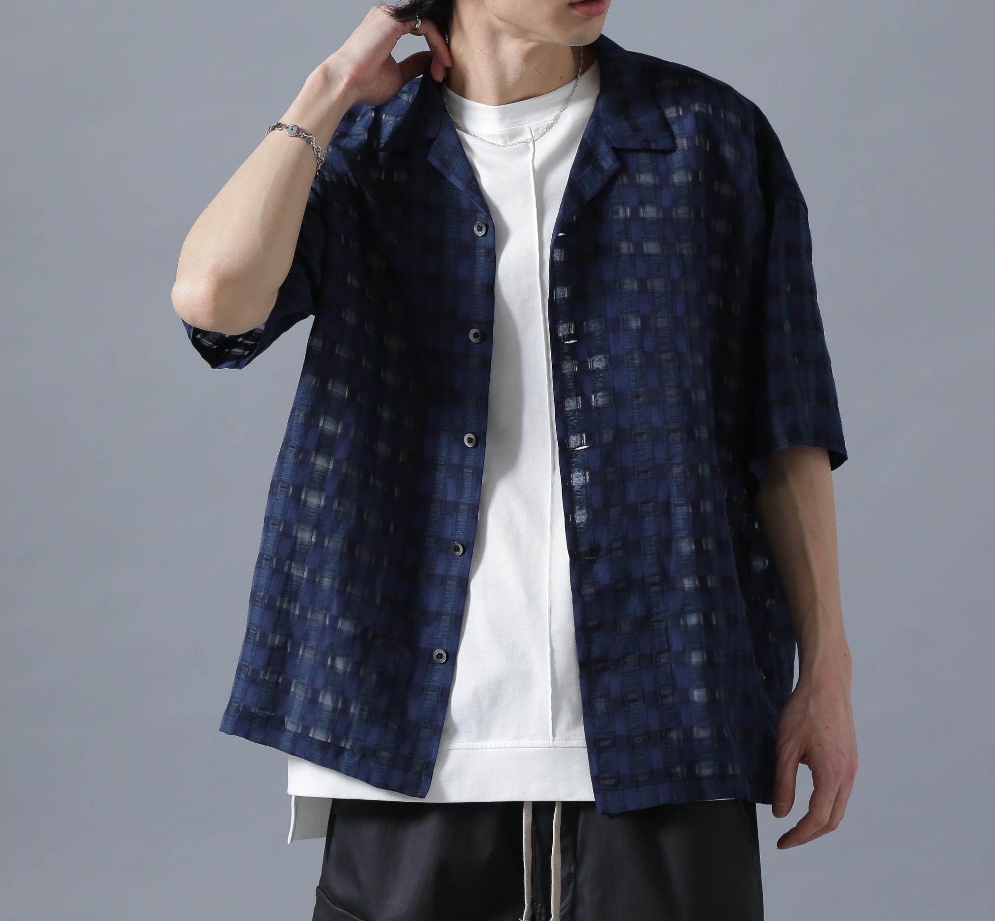 DankeSchon/ダンケシェーン/SHEE> CHECK JACQUA>ED S/S SHI>TS ネイビー