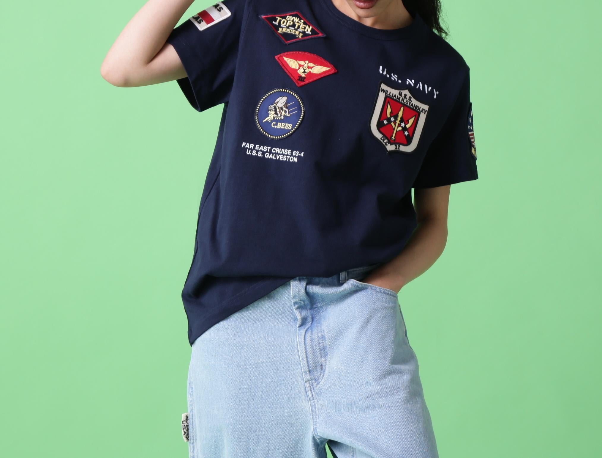 《WER＆DEPOT限定》トップガン ワッペン Tシャツ/ TOP GUN WAPPEN S/S C>EW NECK T-SHI>T ネイビー