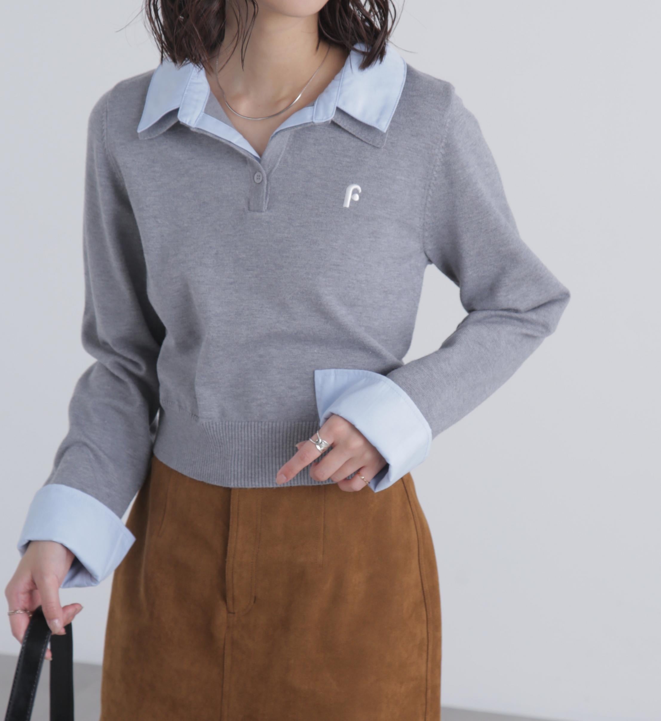 衿付きレイヤード風ポロニット グレー