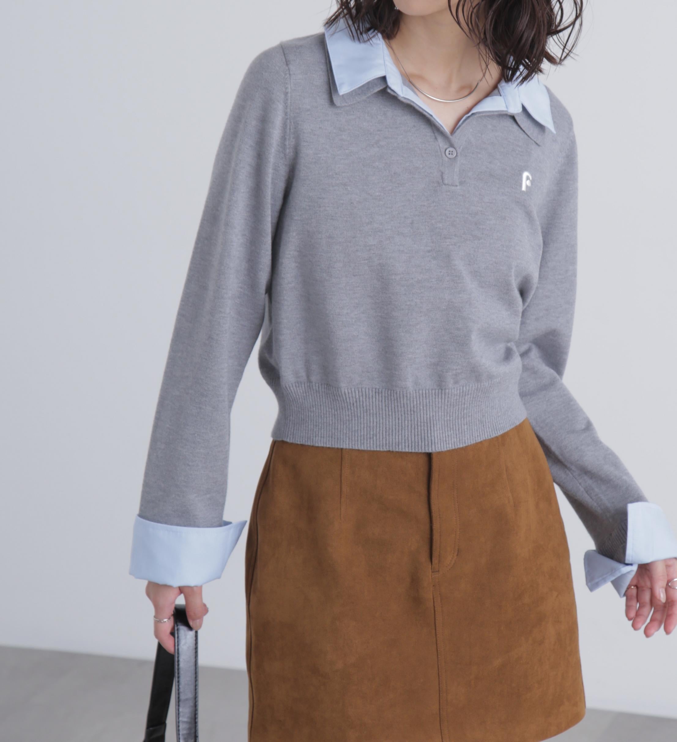 衿付きレイヤード風ポロニット グレー