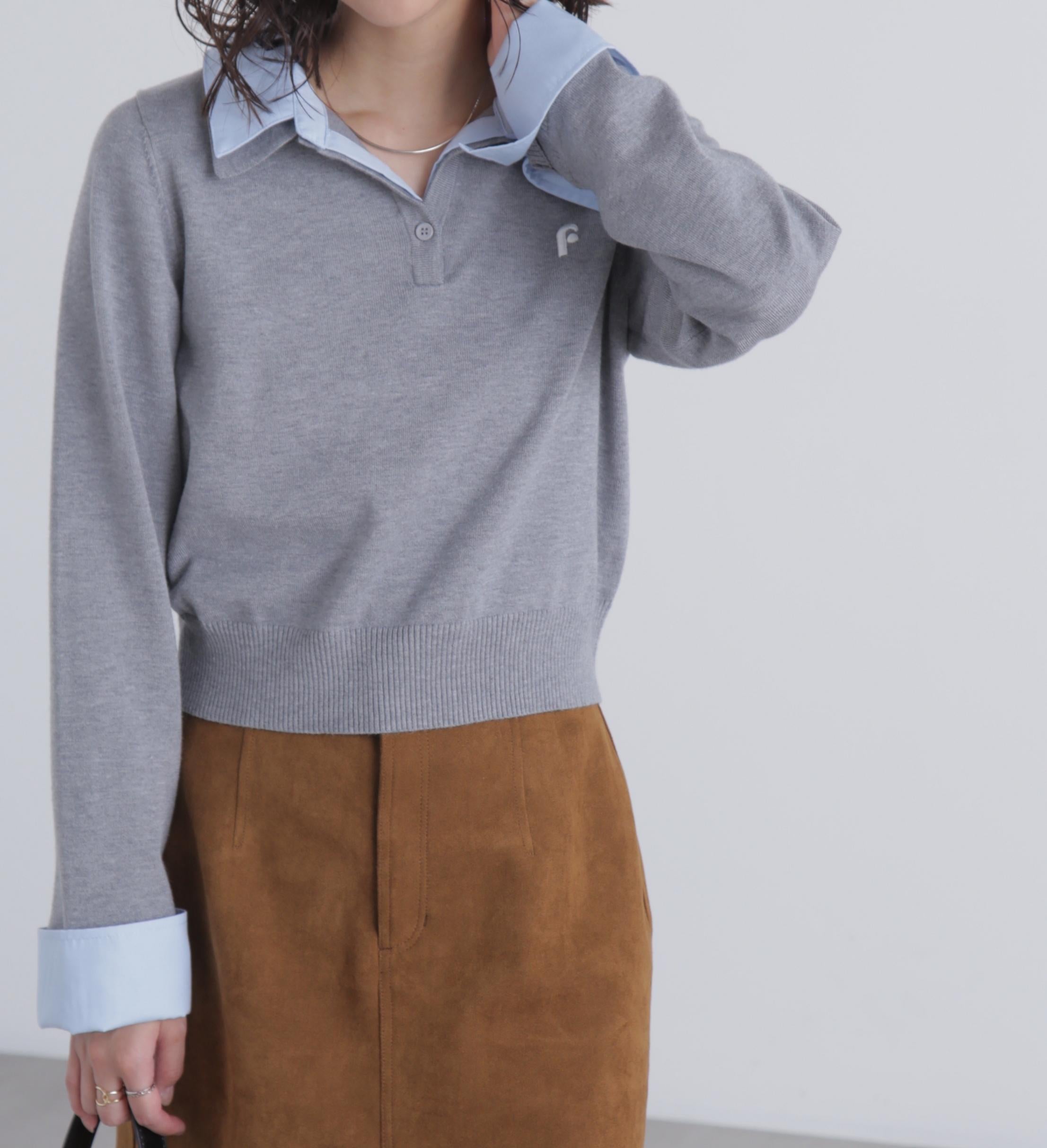 衿付きレイヤード風ポロニット グレー