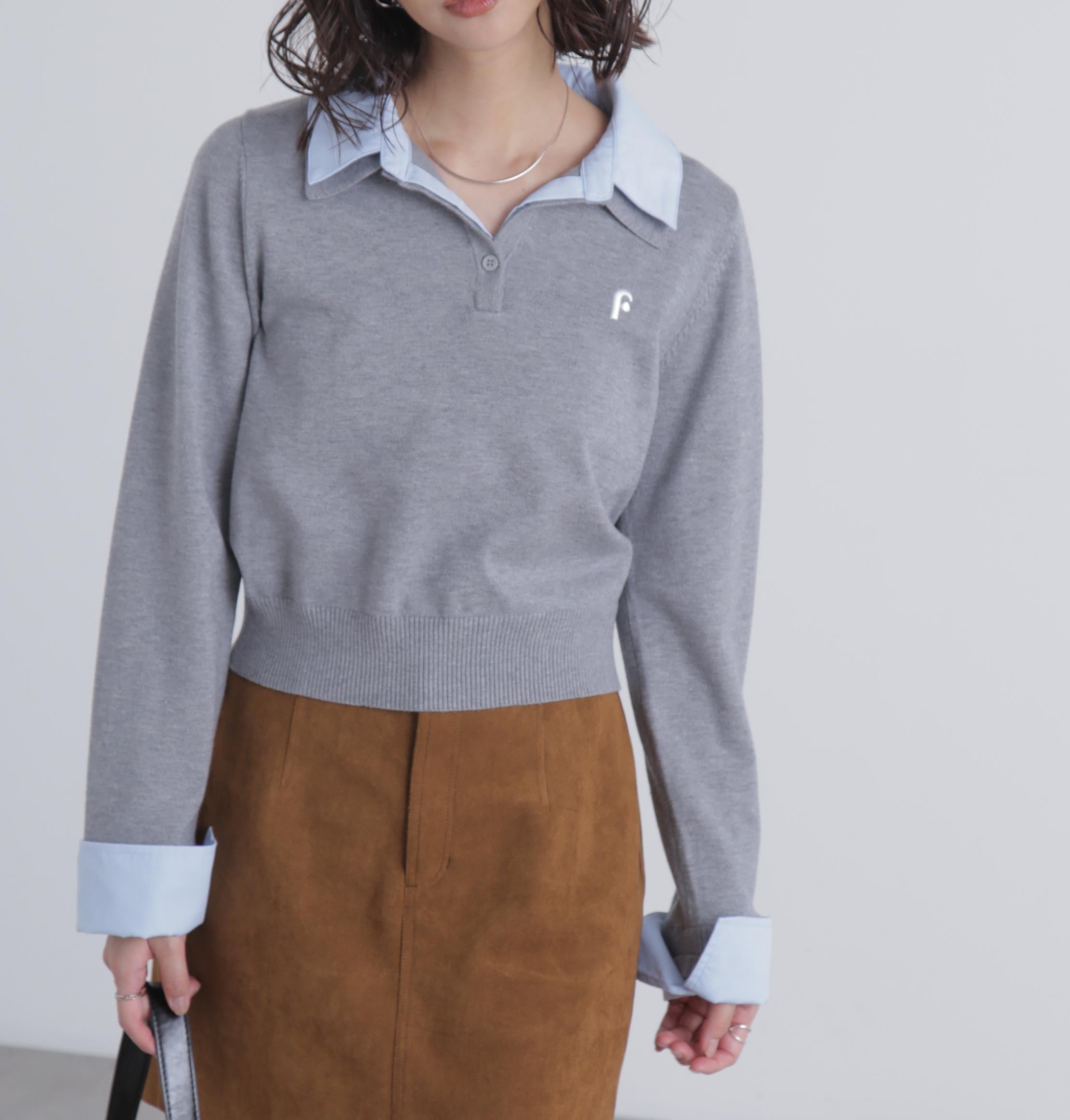 衿付きレイヤード風ポロニット グレー