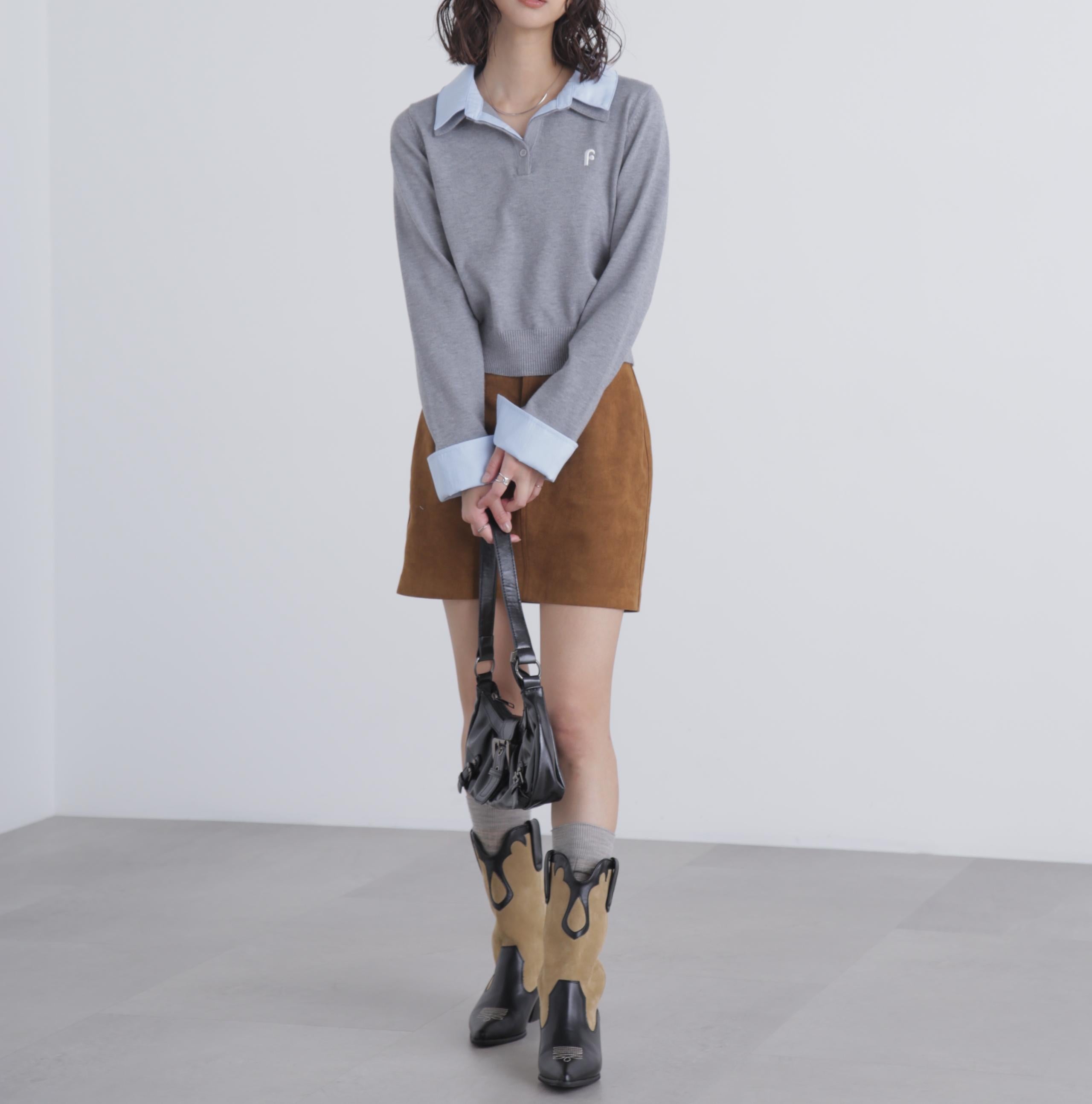 衿付きレイヤード風ポロニット グレー