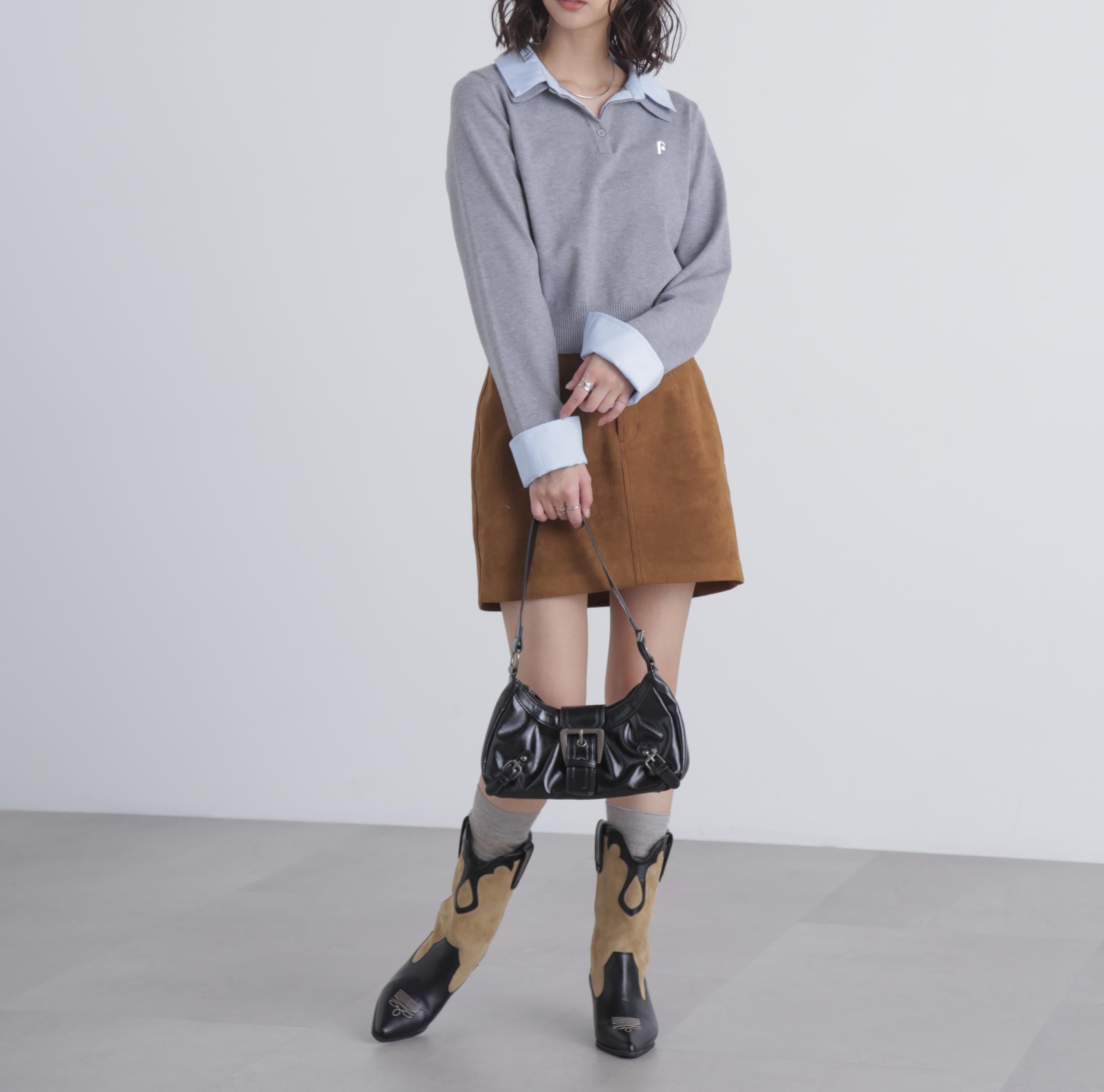 衿付きレイヤード風ポロニット グレー