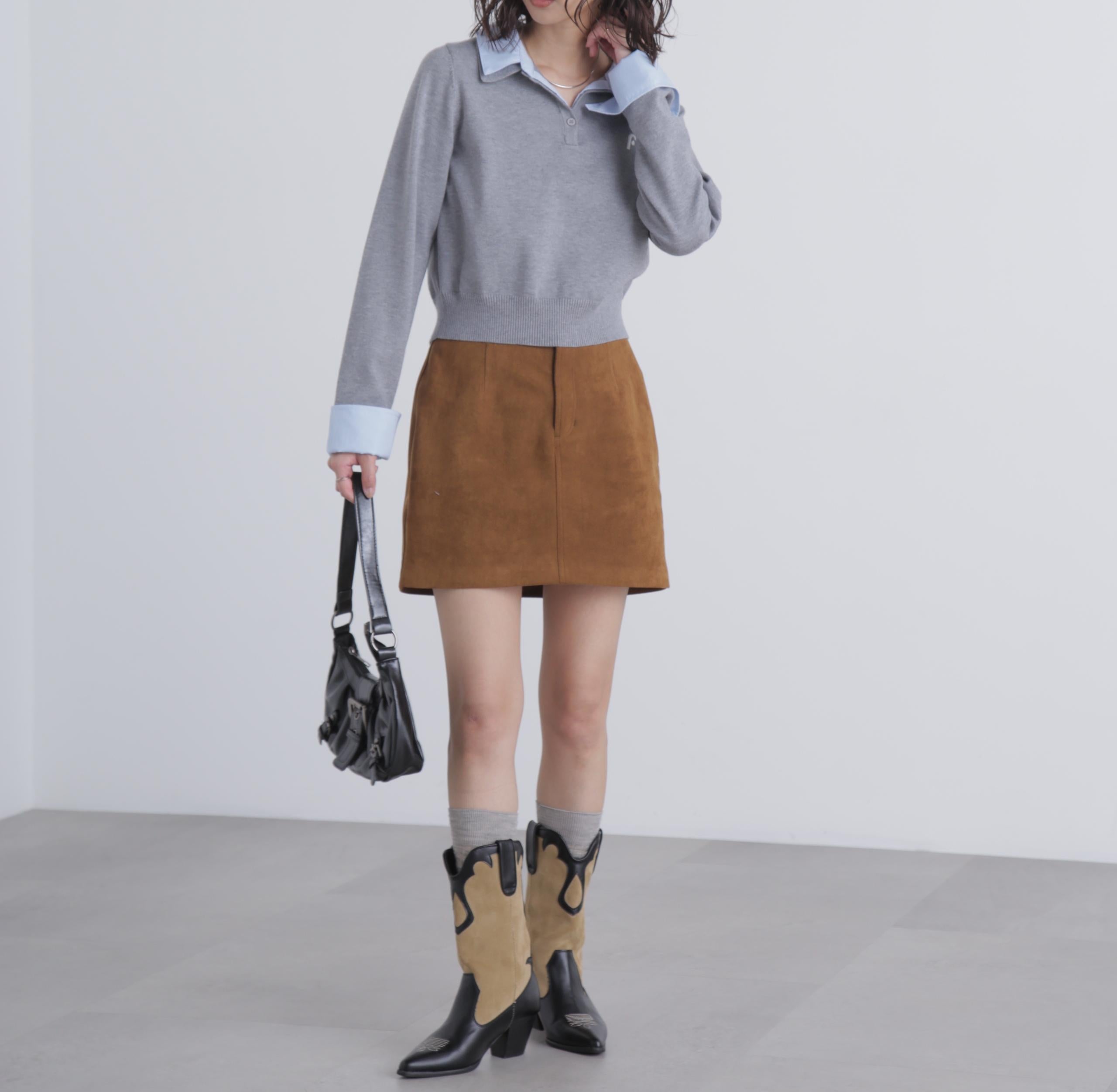 衿付きレイヤード風ポロニット グレー