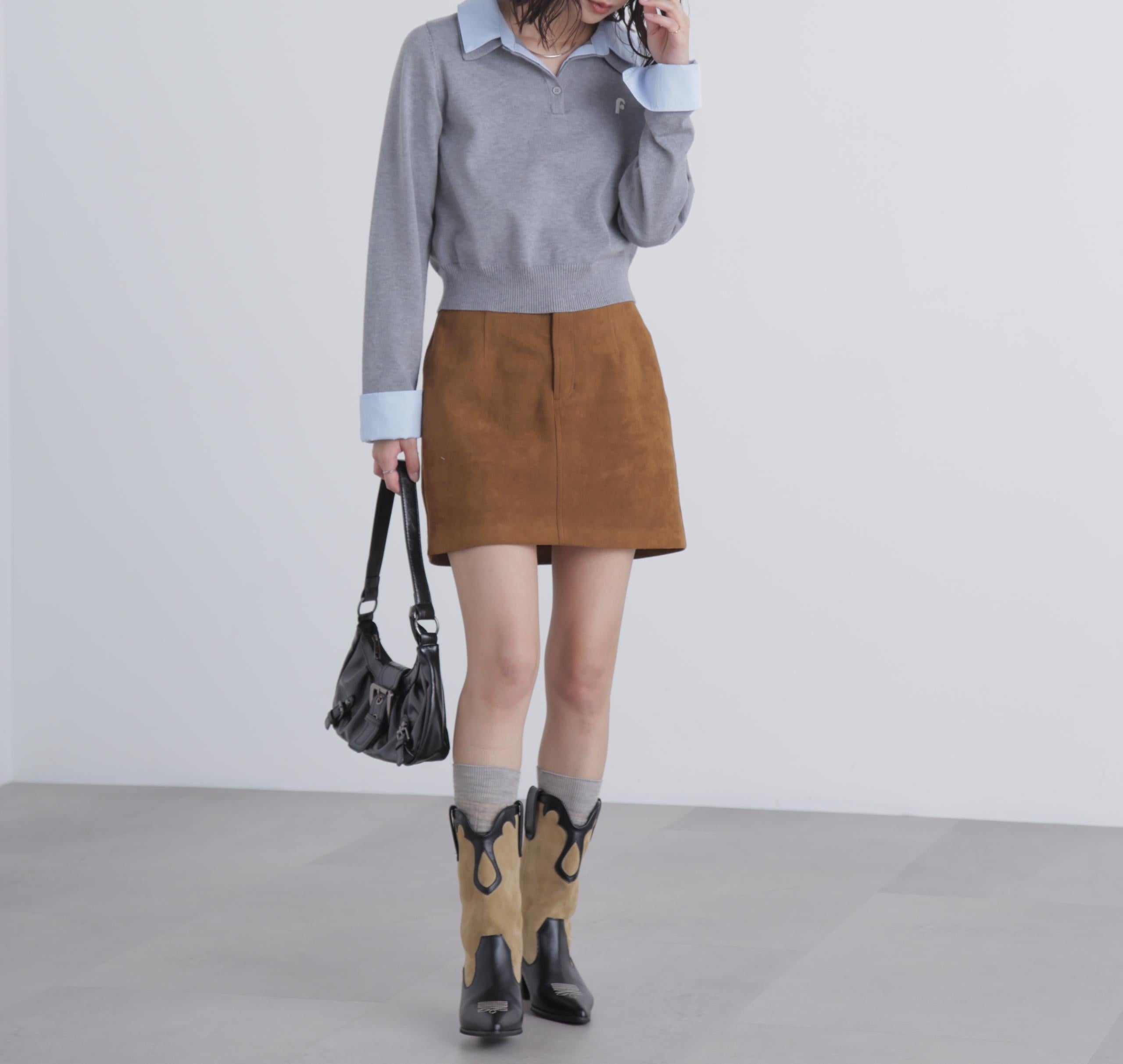 衿付きレイヤード風ポロニット グレー