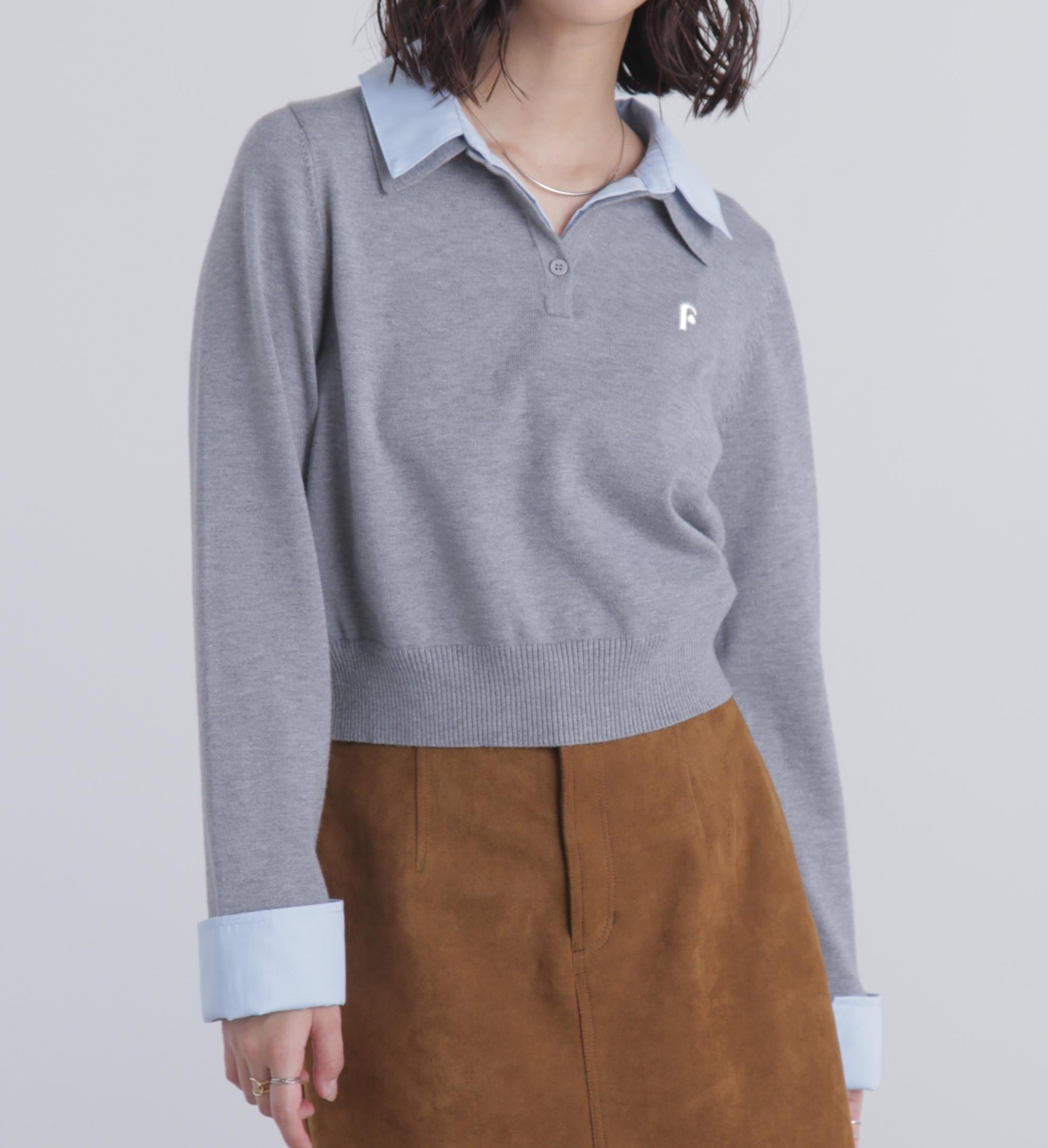 衿付きレイヤード風ポロニット グレー