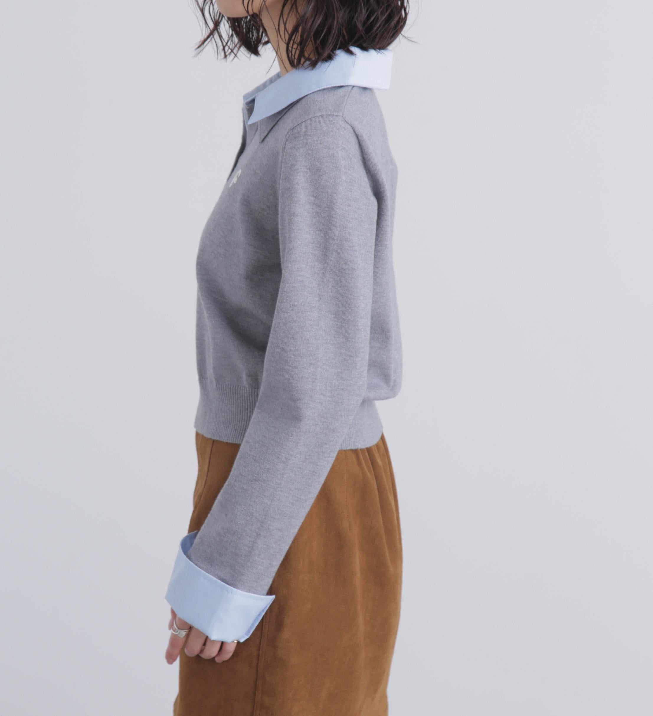 衿付きレイヤード風ポロニット グレー