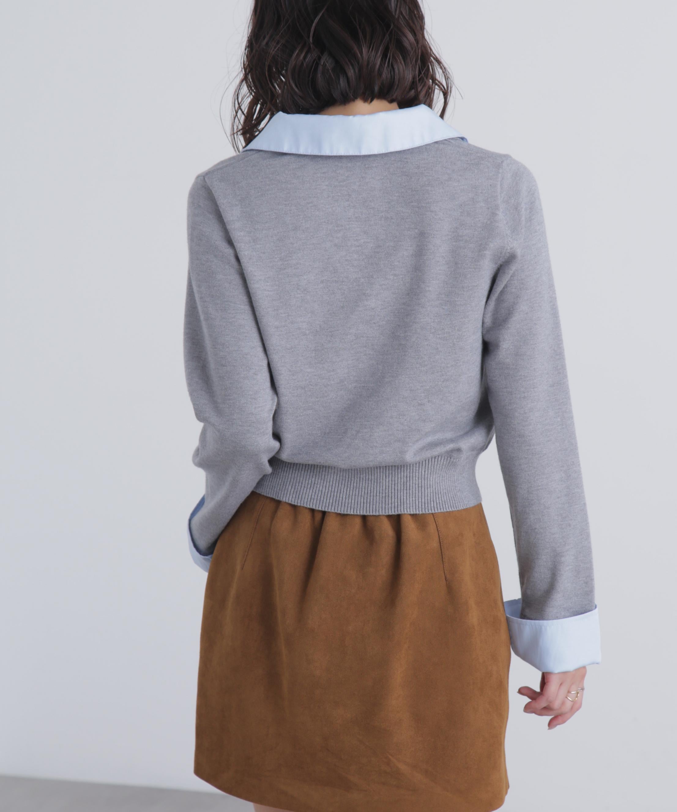 衿付きレイヤード風ポロニット グレー