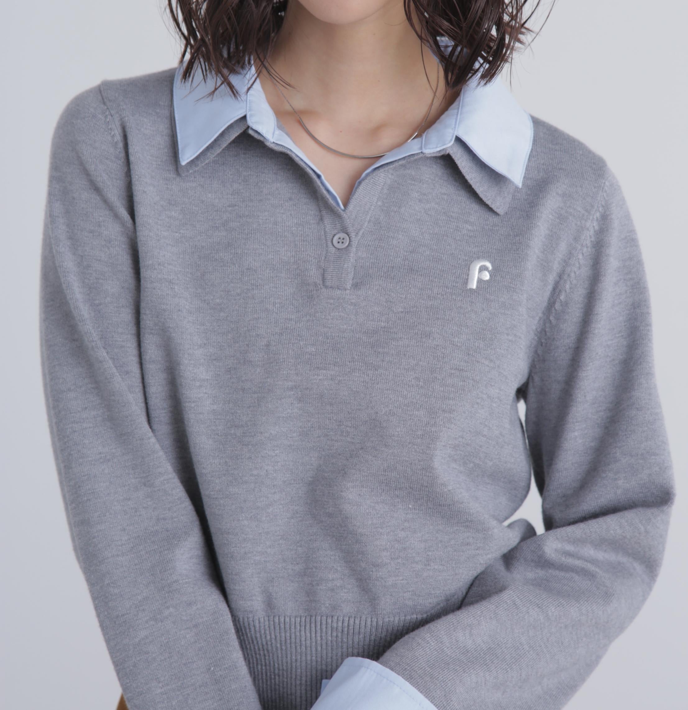 衿付きレイヤード風ポロニット グレー