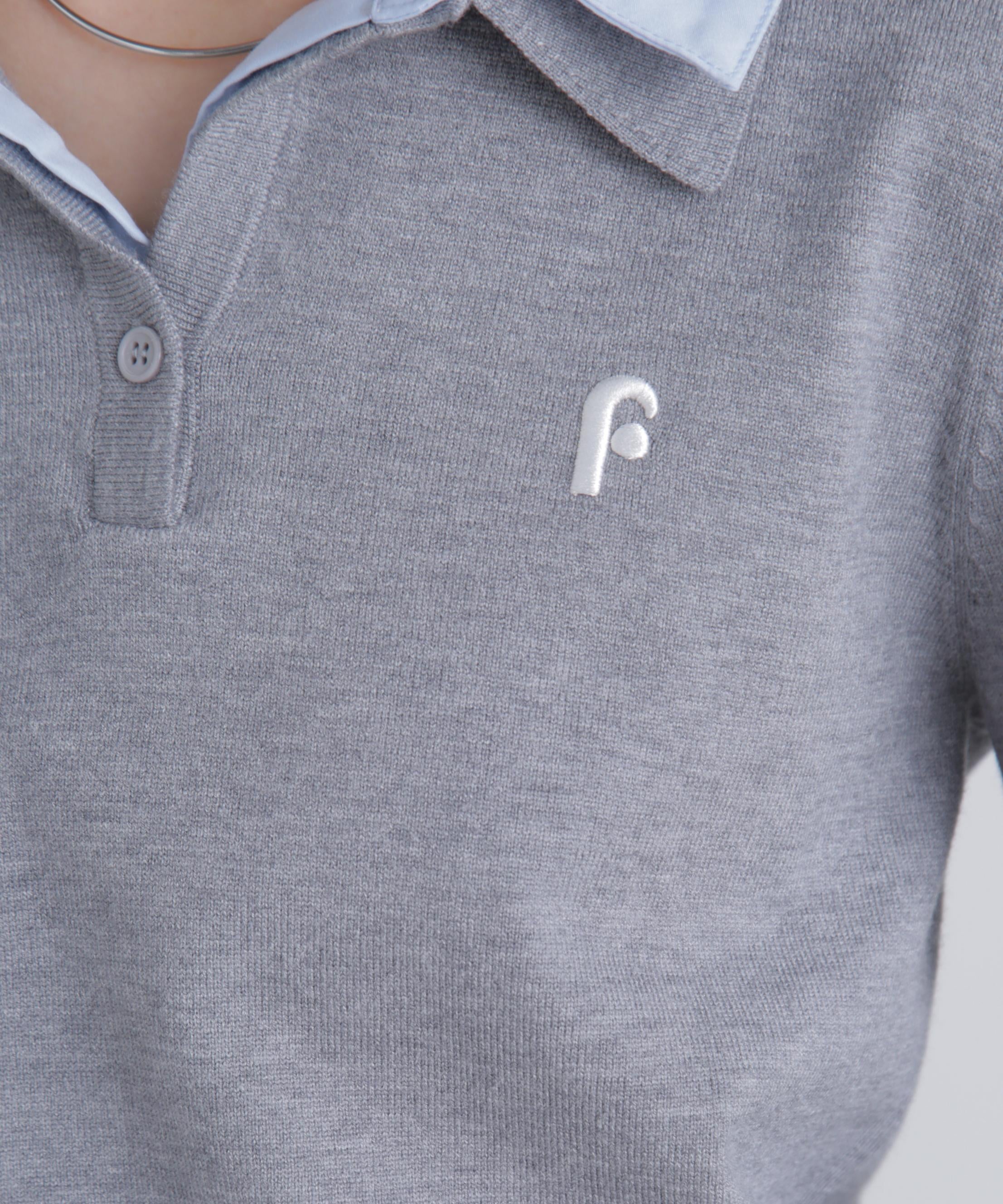 衿付きレイヤード風ポロニット グレー