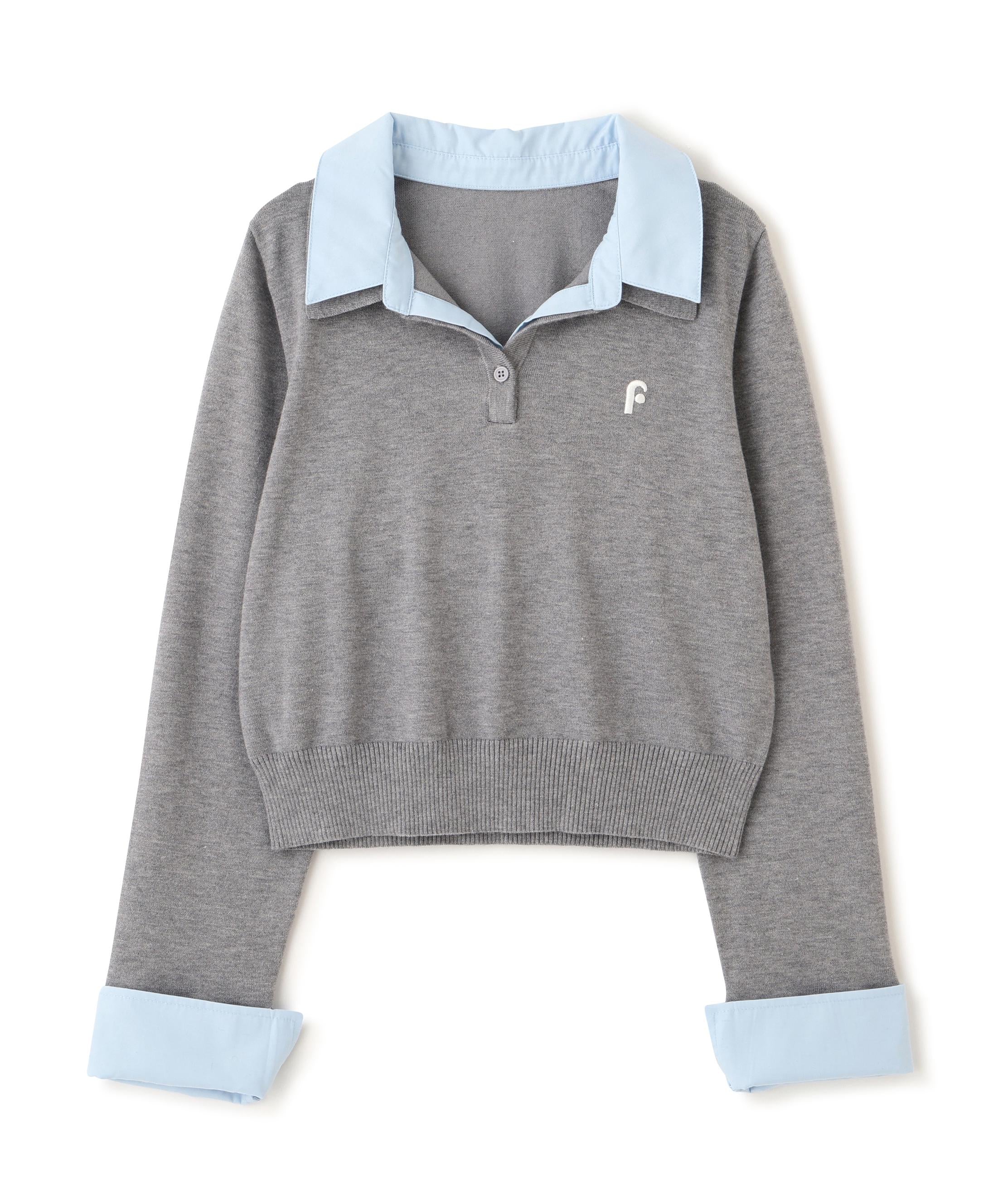 衿付きレイヤード風ポロニット グレー