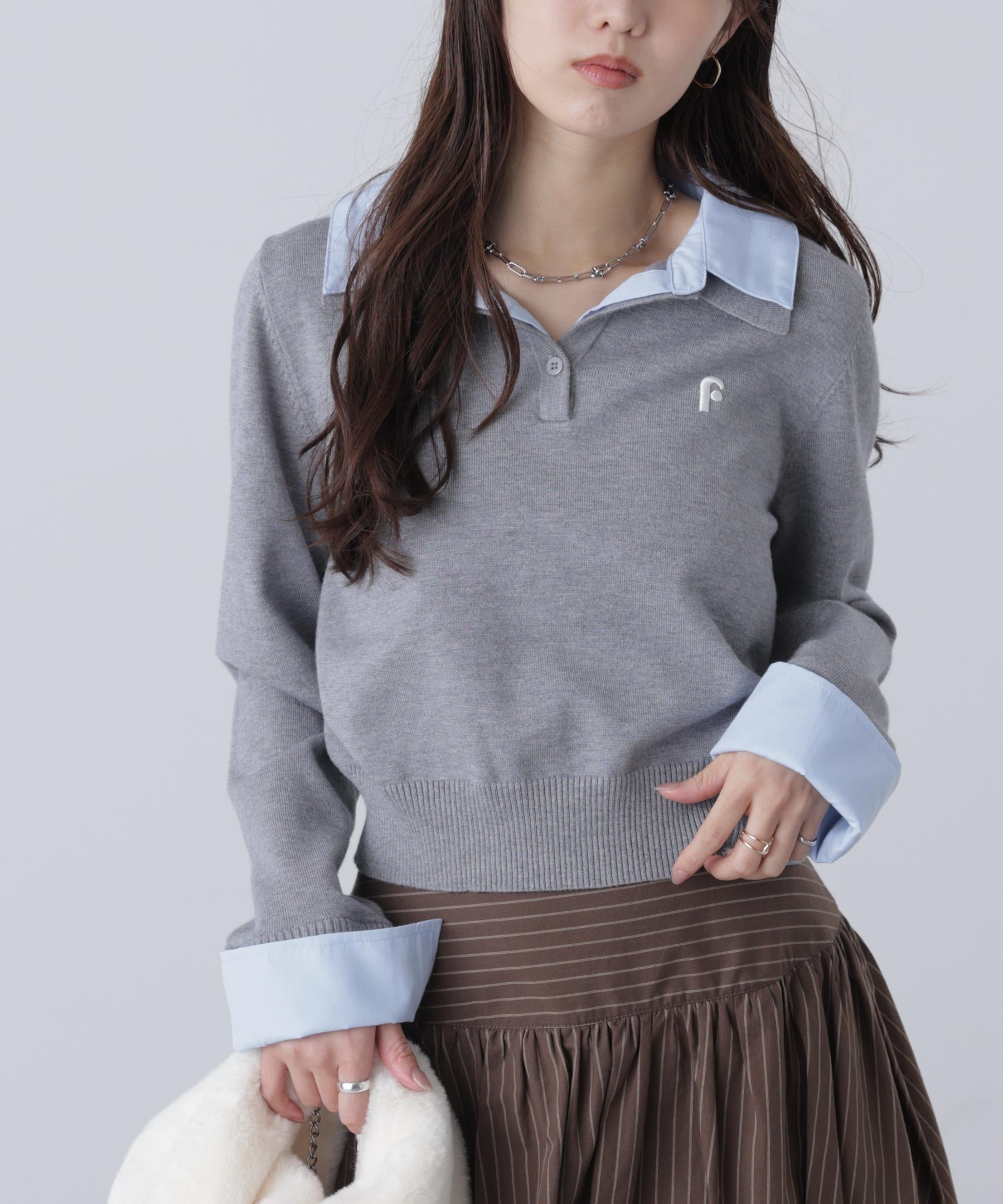 衿付きレイヤード風ポロニット グレー