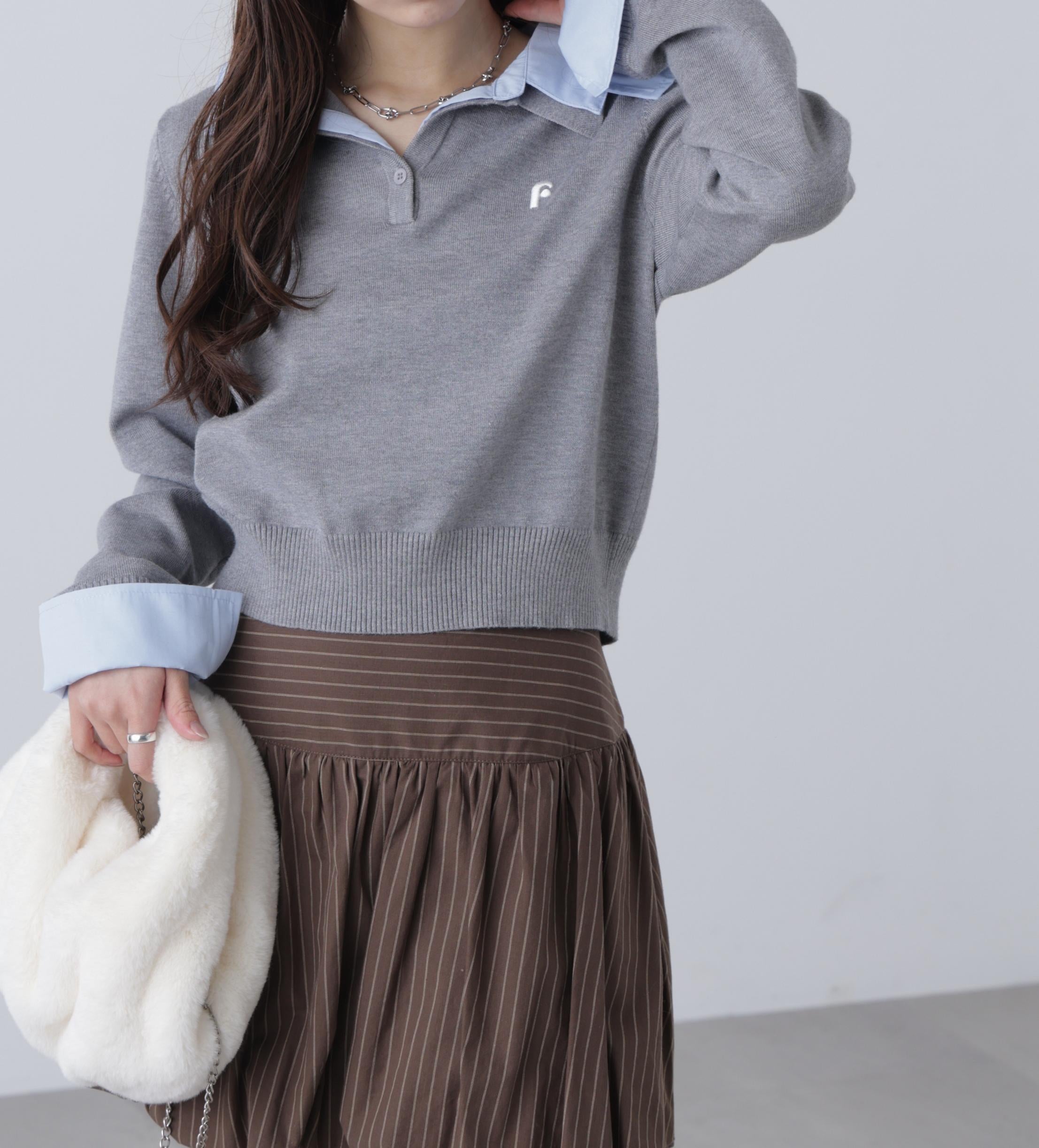衿付きレイヤード風ポロニット グレー