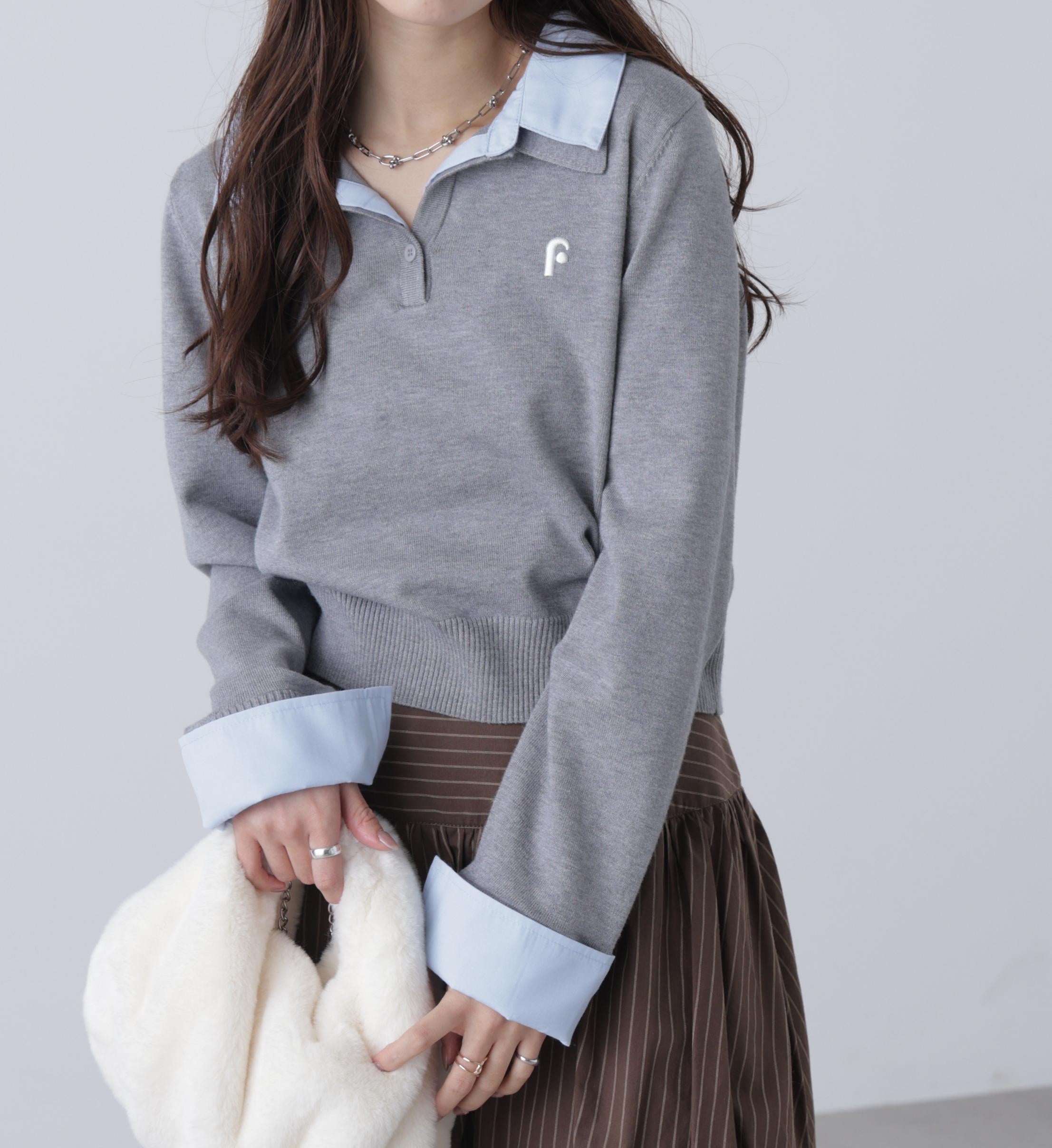 衿付きレイヤード風ポロニット グレー