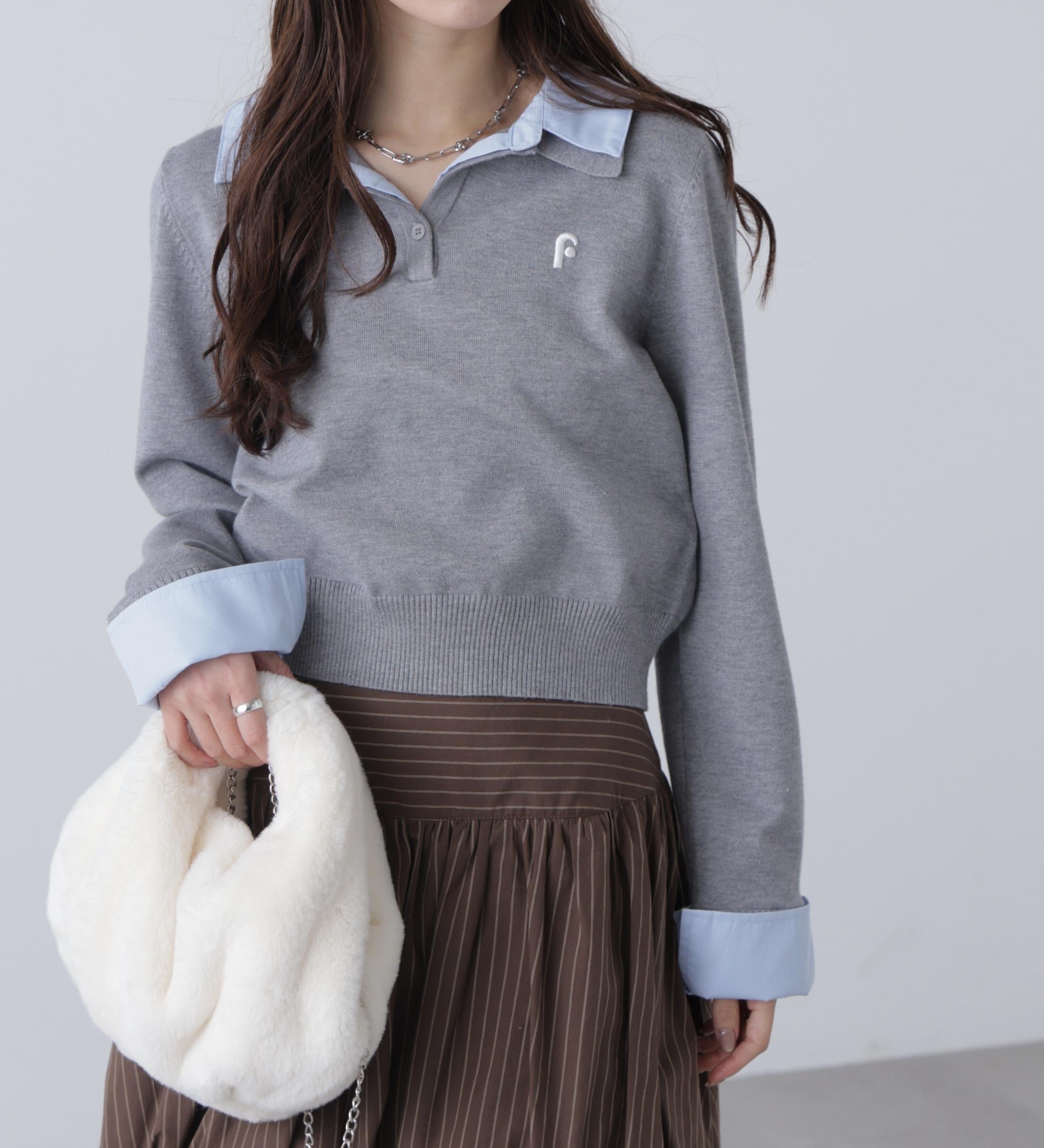 衿付きレイヤード風ポロニット グレー