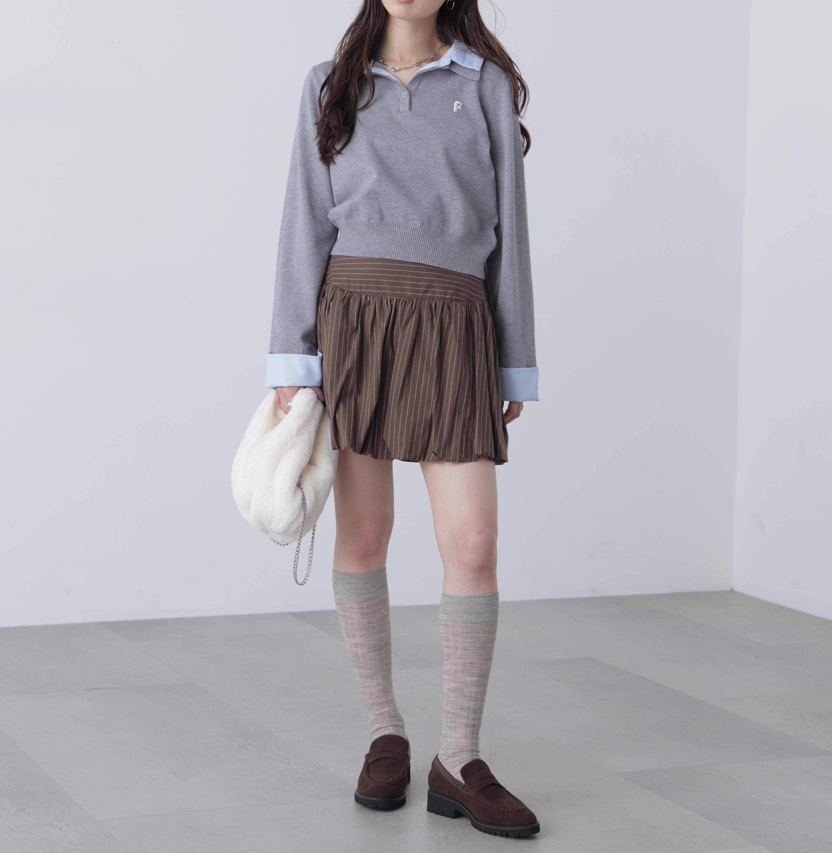 衿付きレイヤード風ポロニット グレー