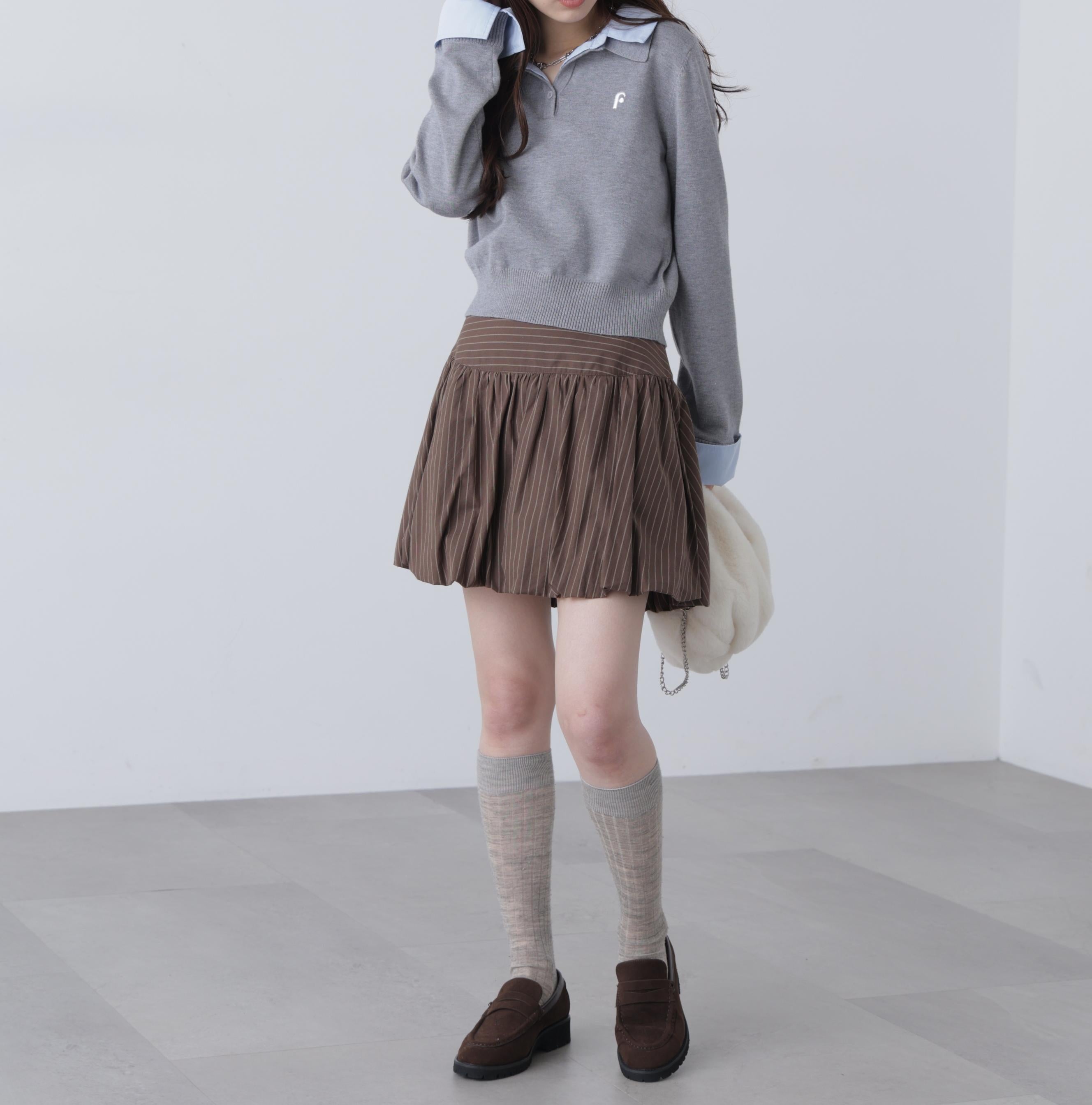 衿付きレイヤード風ポロニット グレー