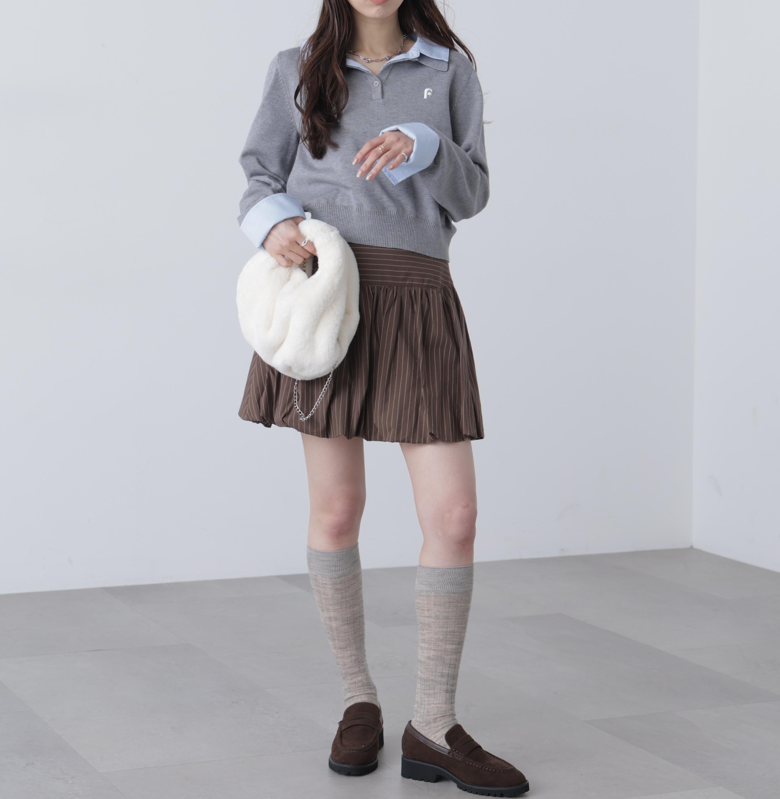 衿付きレイヤード風ポロニット グレー