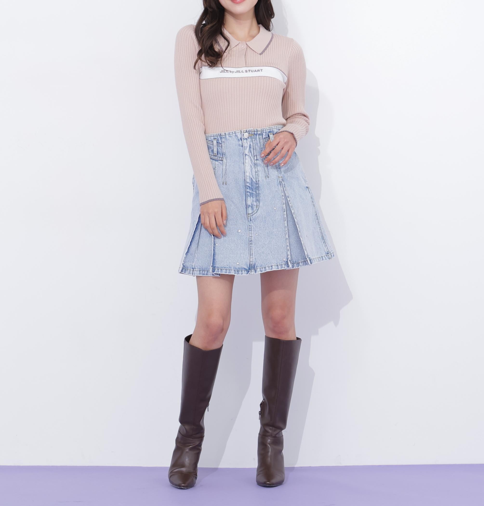ポロ襟配色ラインリブニット ピンク