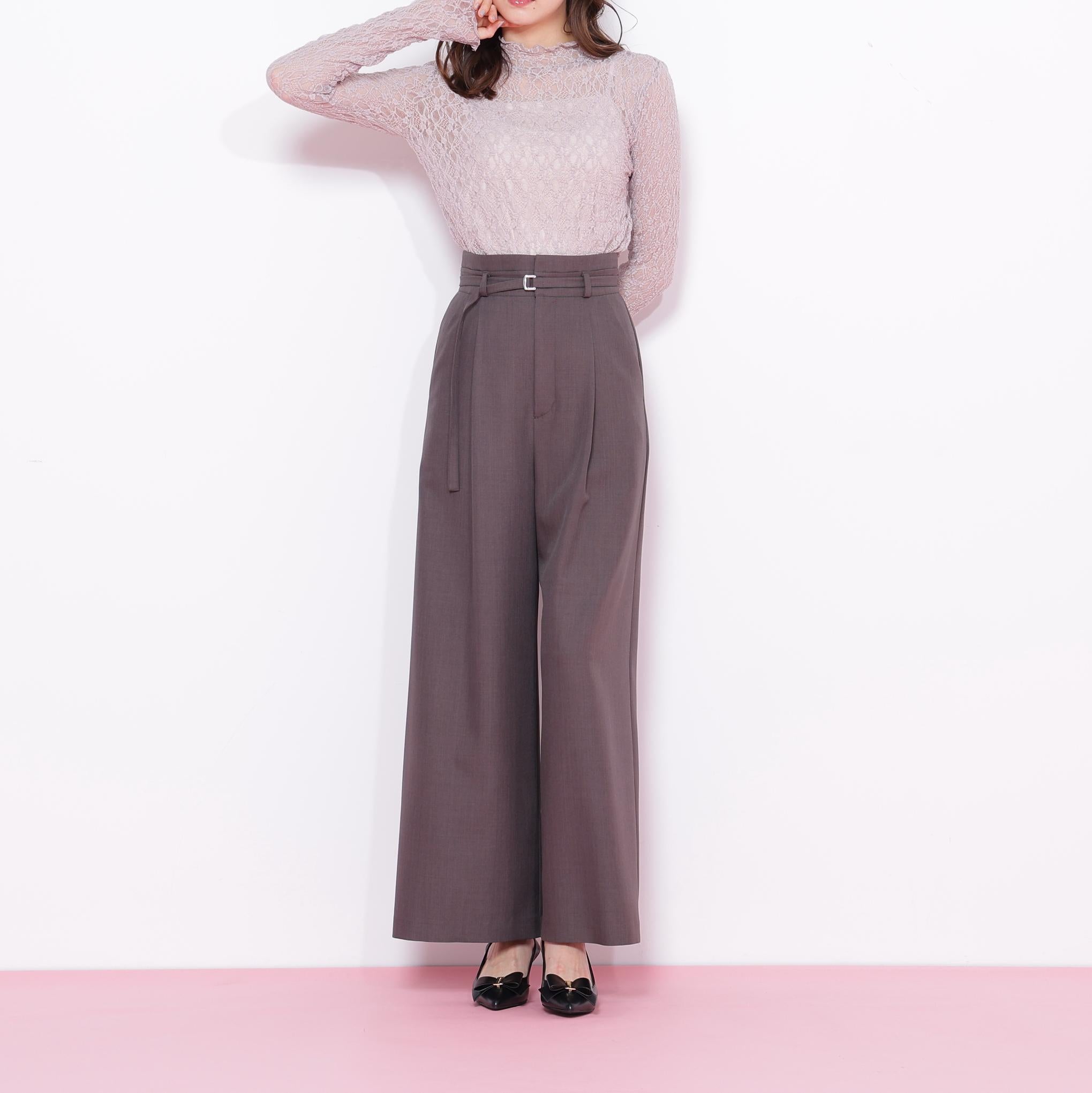 細ベルト付きワイドパンツ チャコール