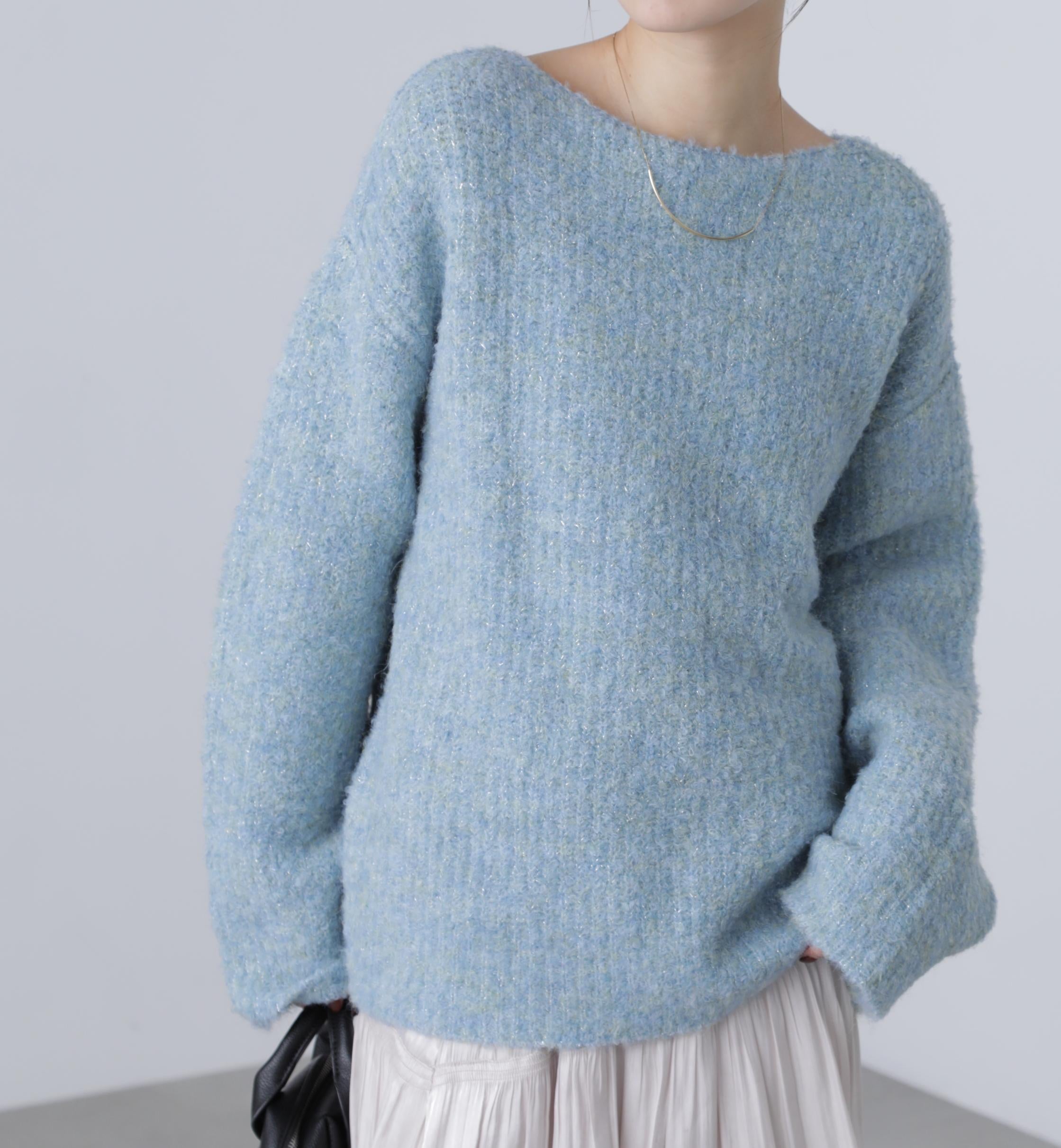 ラメミックスブークレー畔ニット ブルー