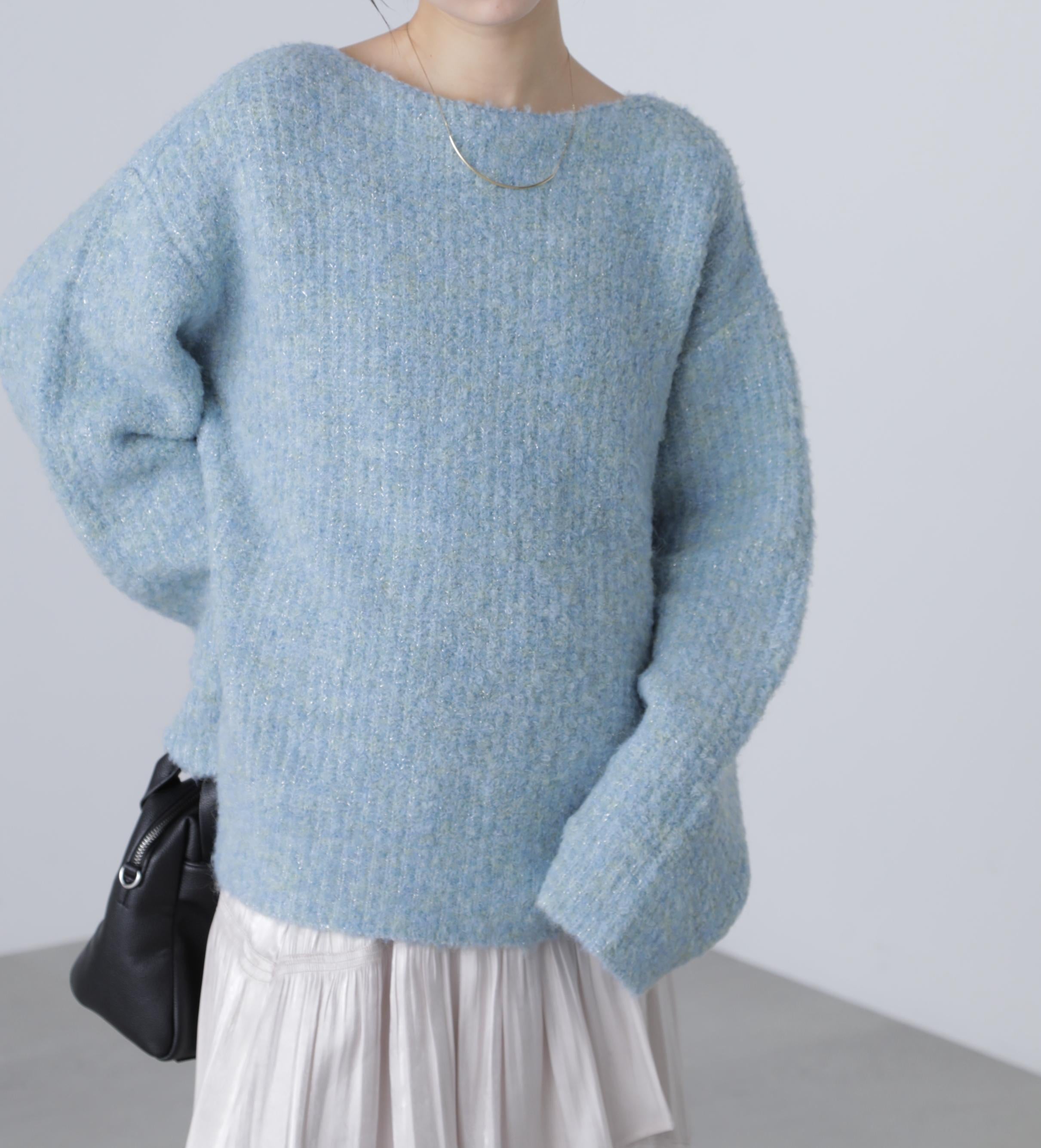 ラメミックスブークレー畔ニット ブルー