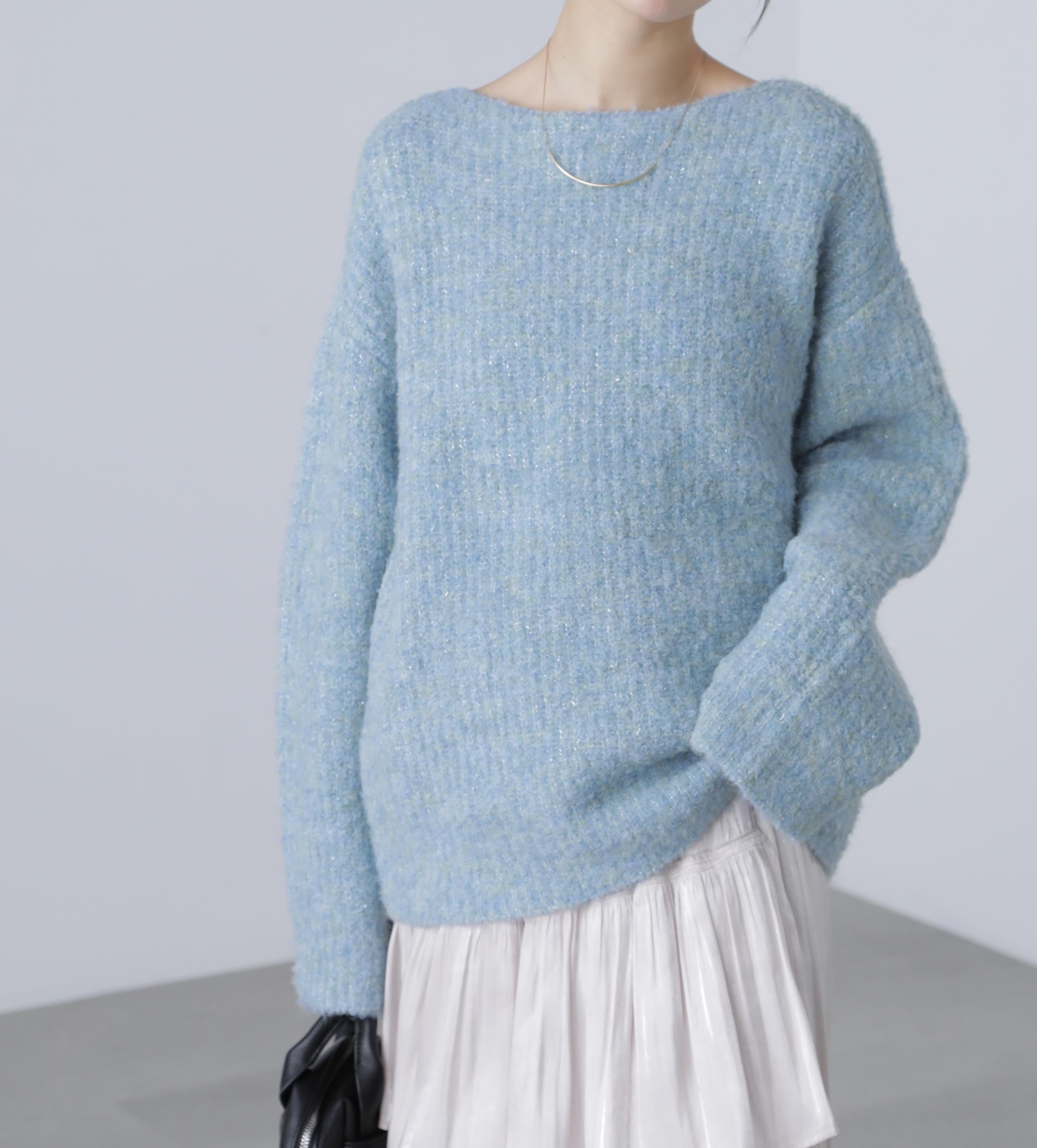 ラメミックスブークレー畔ニット ブルー