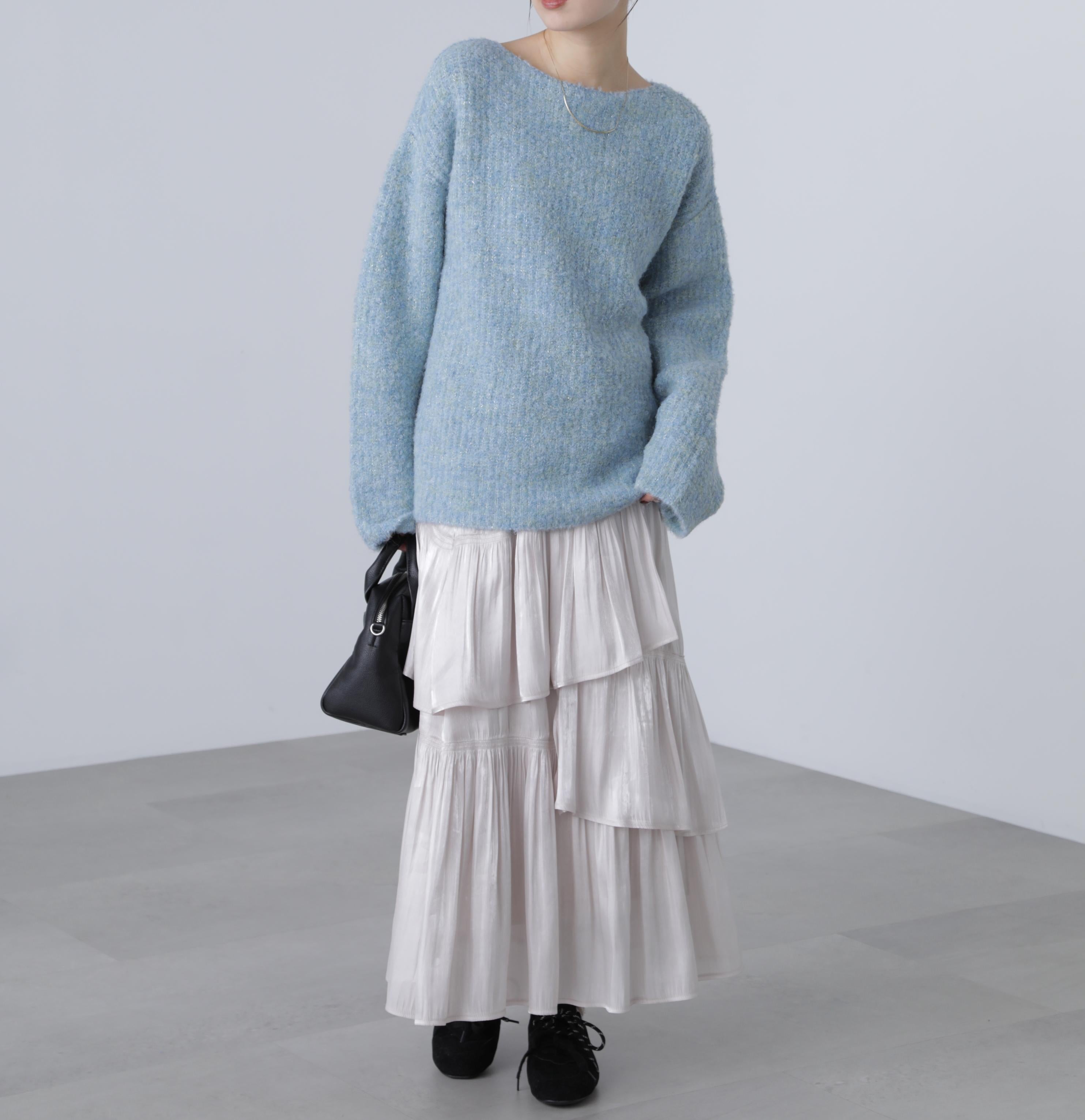 ラメミックスブークレー畔ニット ブルー