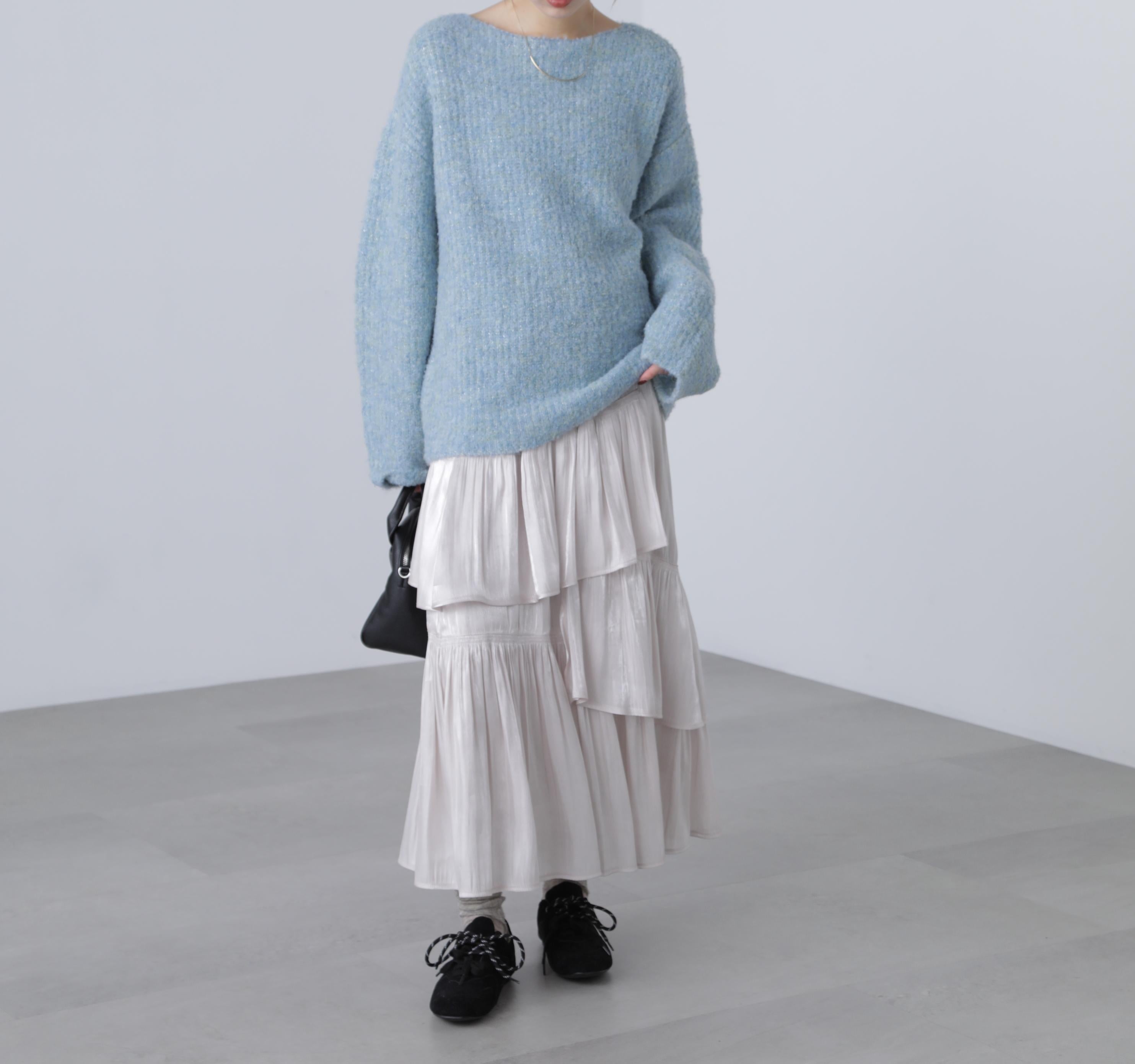 ラメミックスブークレー畔ニット ブルー