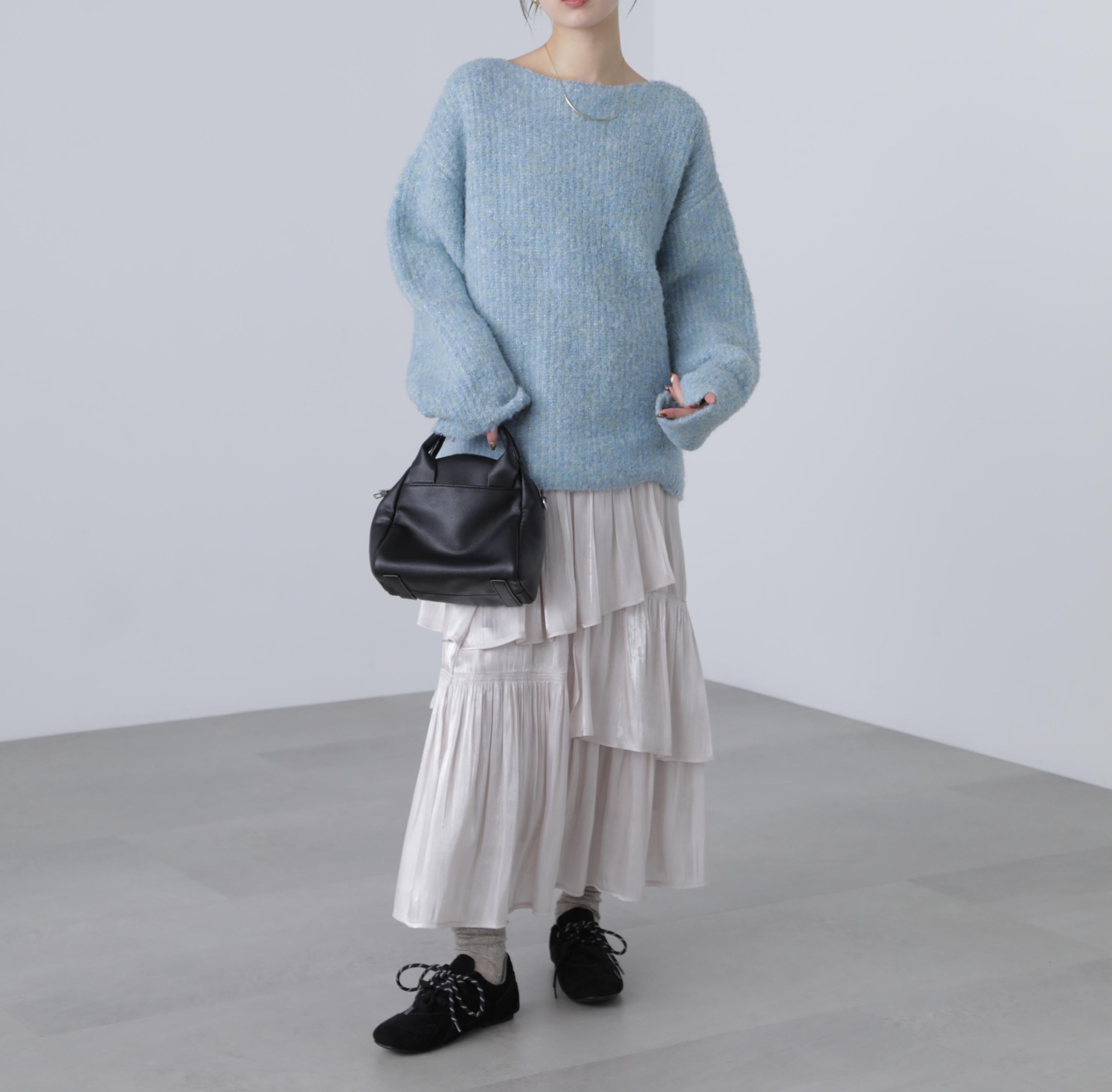 ラメミックスブークレー畔ニット ブルー