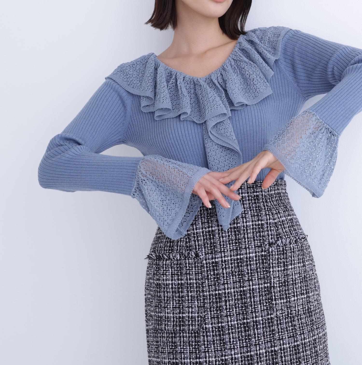 レーストリムリブニット ブルー