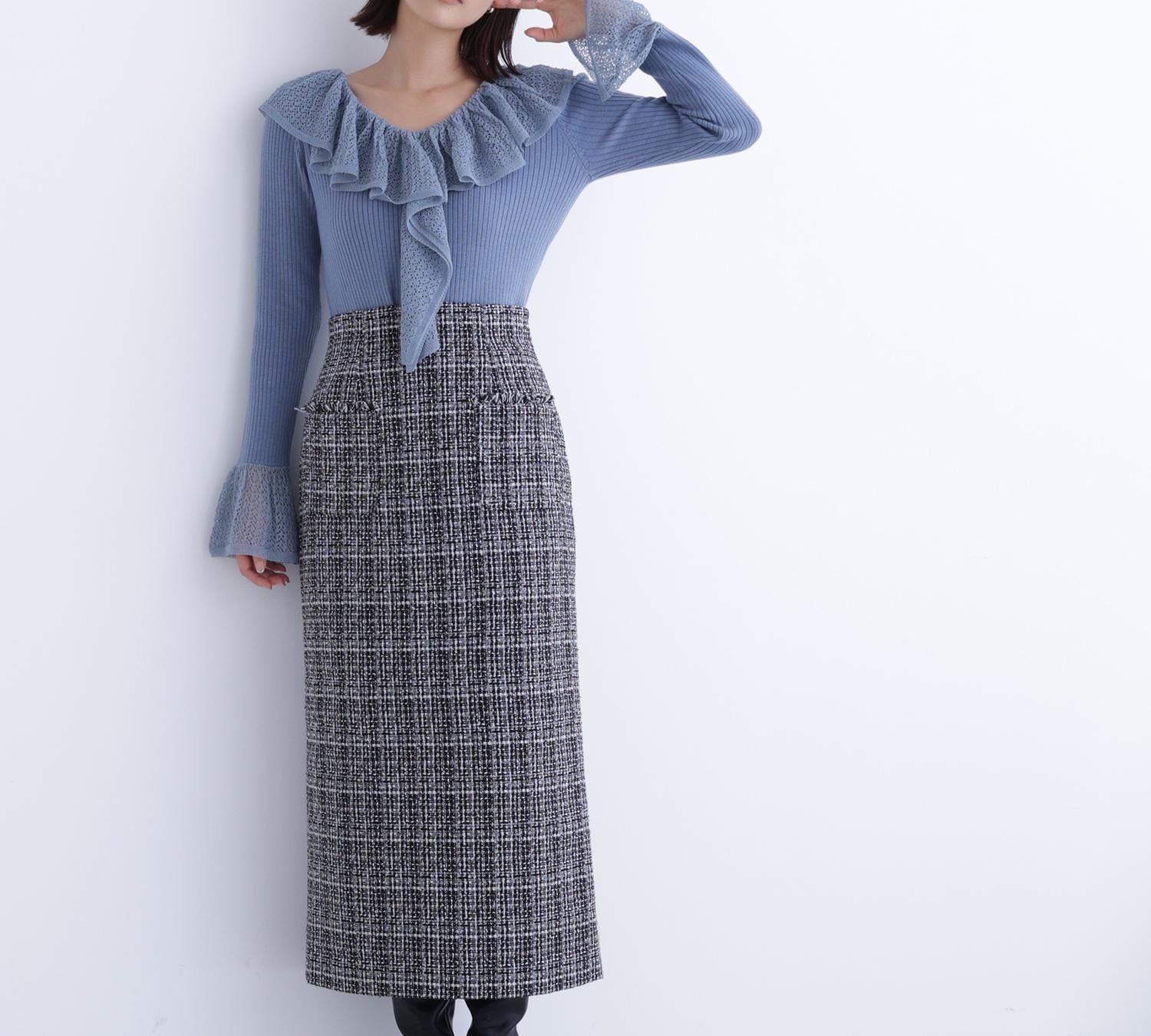 レーストリムリブニット ブルー