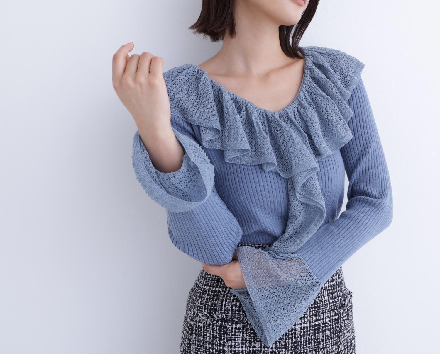 レーストリムリブニット ブルー