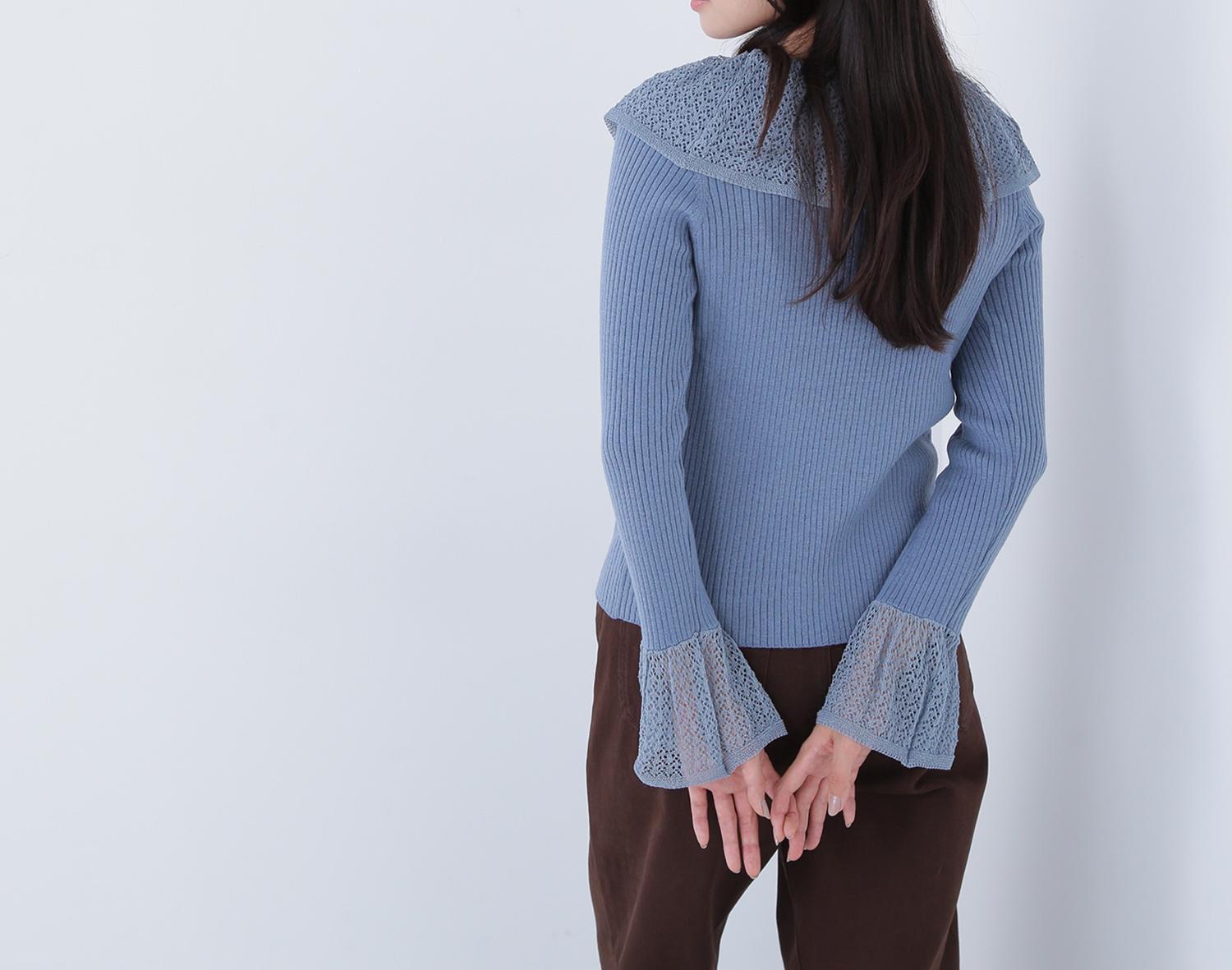 レーストリムリブニット ブルー