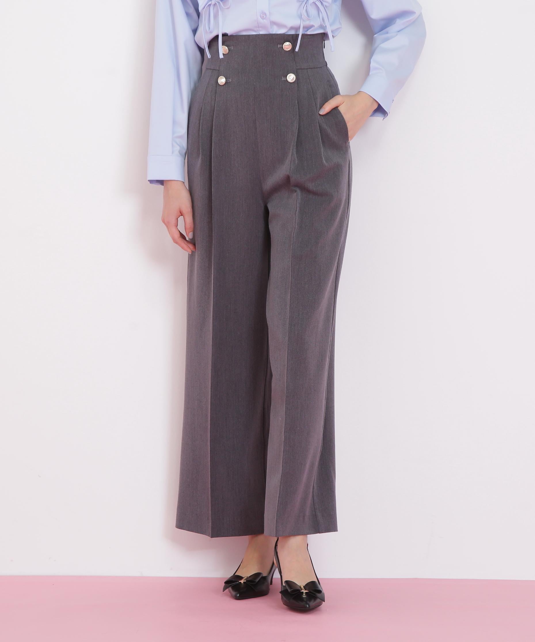 メタル釦ストレートイージーパンツ グレー