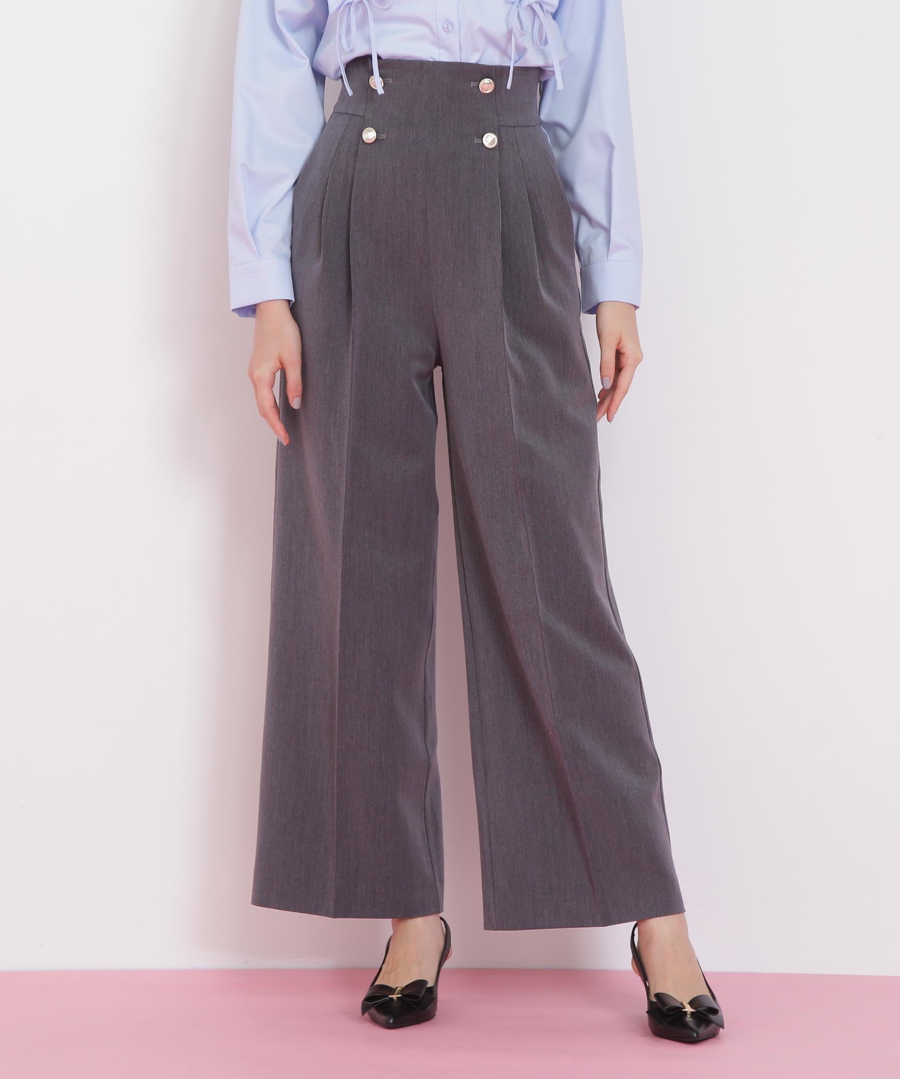 メタル釦ストレートイージーパンツ グレー