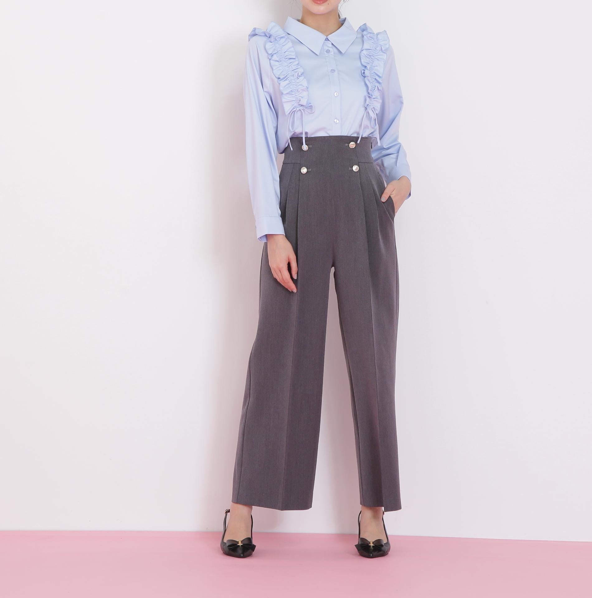 メタル釦ストレートイージーパンツ グレー