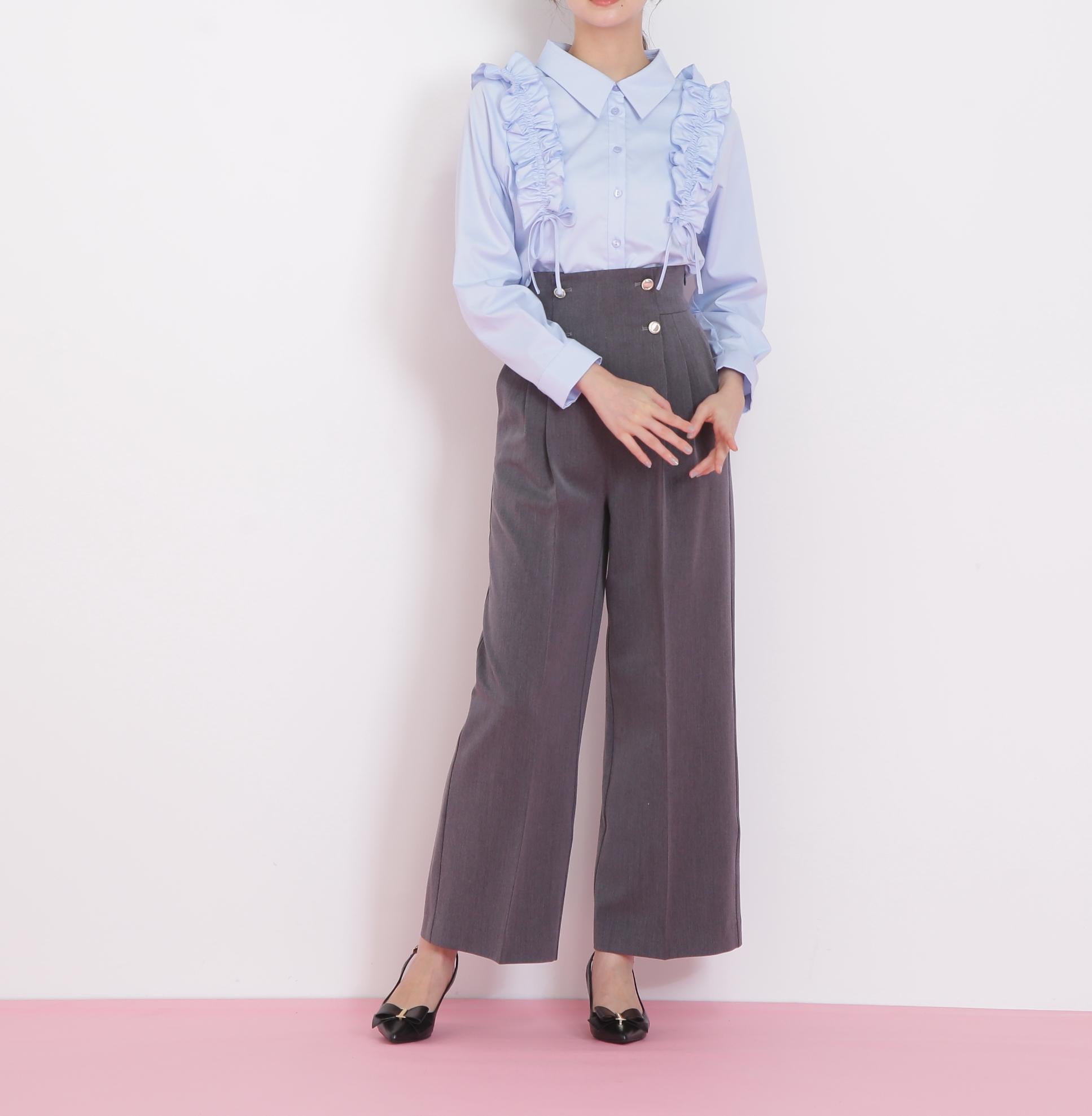 メタル釦ストレートイージーパンツ グレー