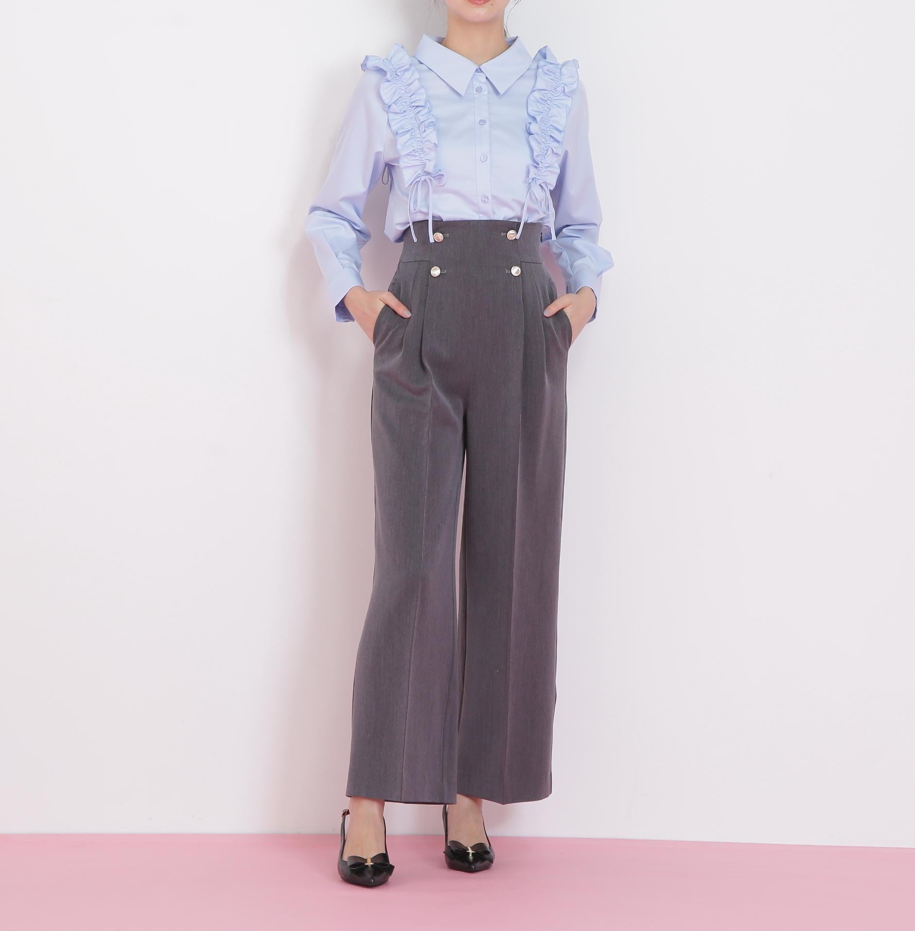 メタル釦ストレートイージーパンツ グレー