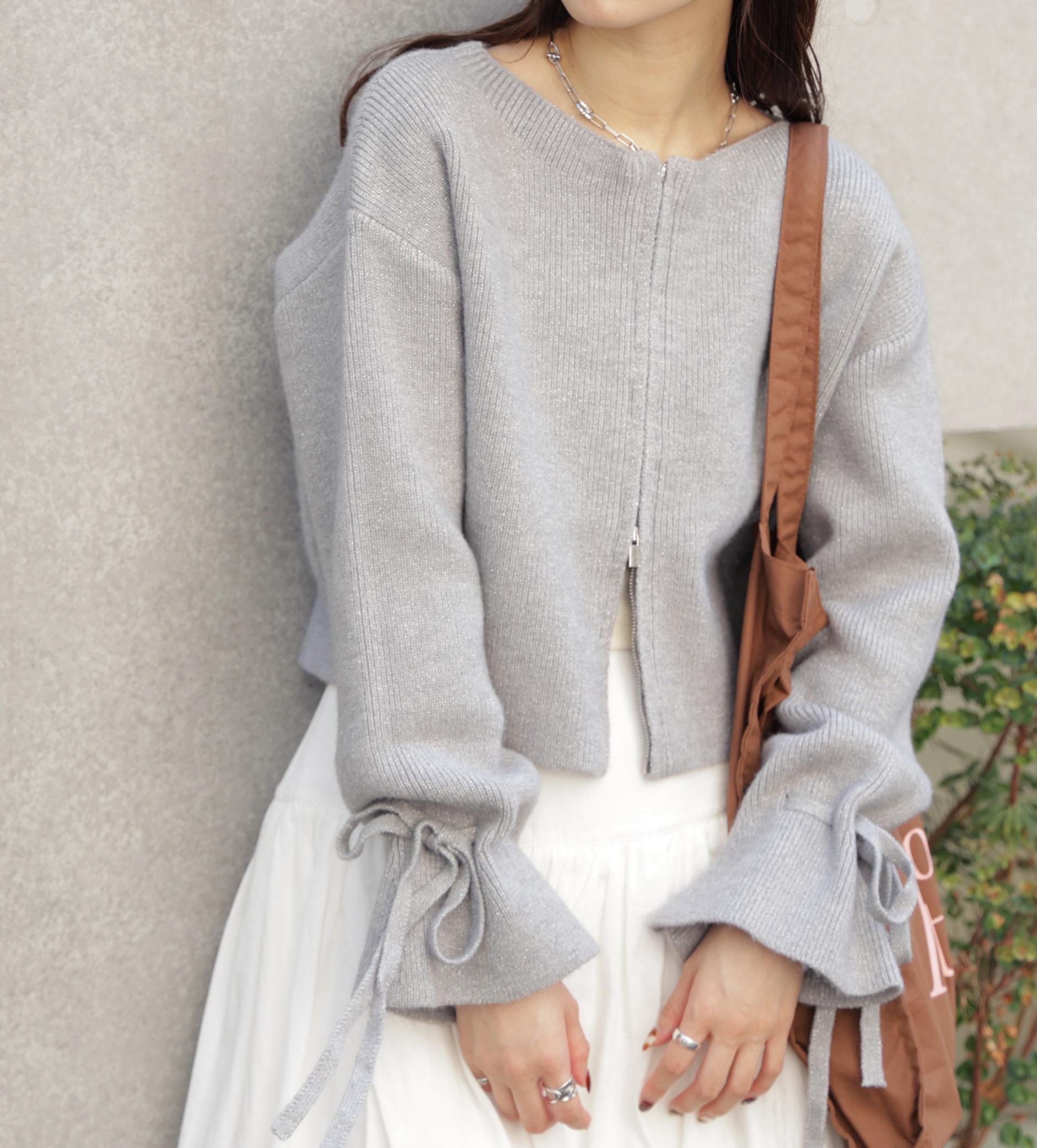 ダブルジップキャンディスリーブカーディガン グレー